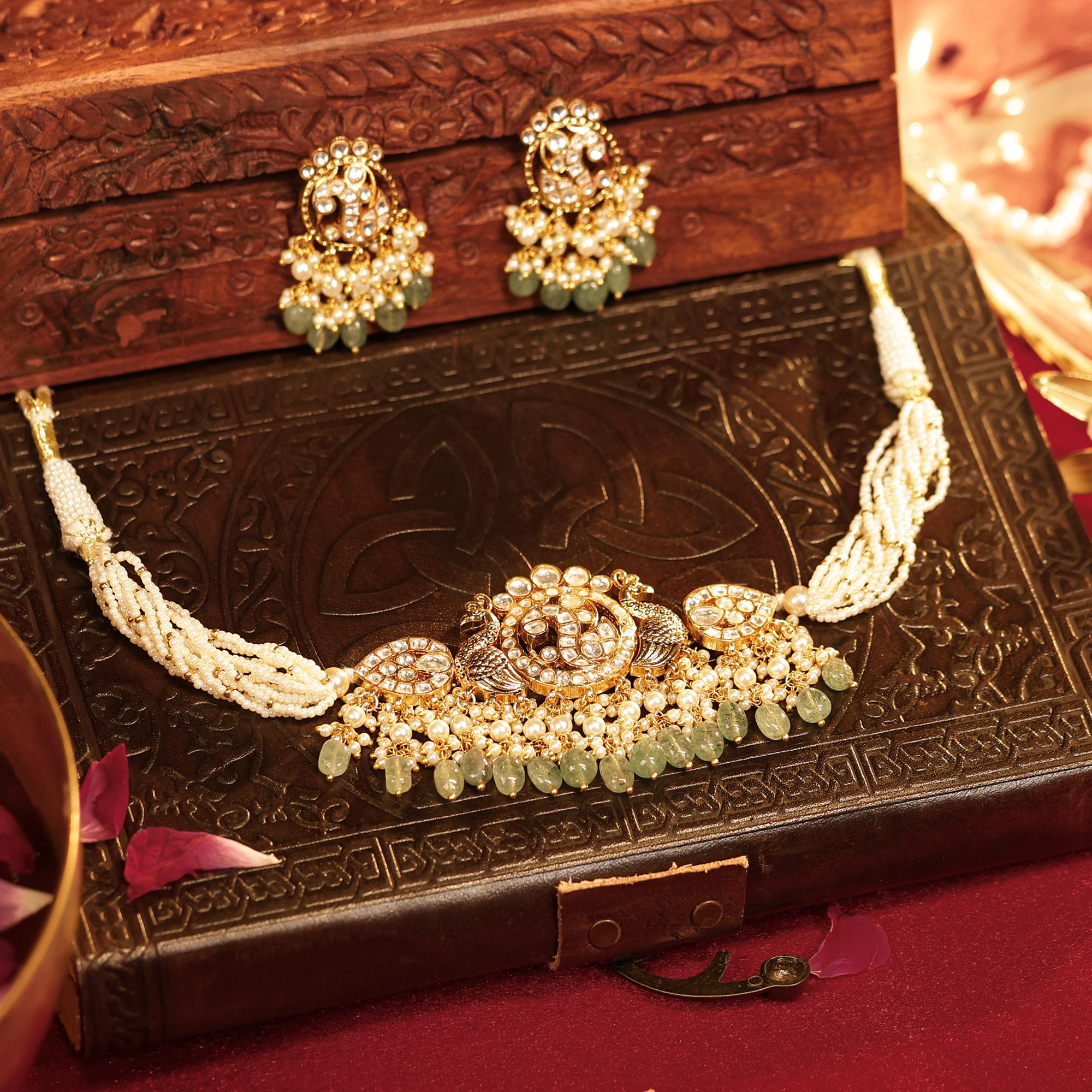 Handcrafted Peacock Kundan Choker Set | Indian Bridal Pearl Aventurine Necklace