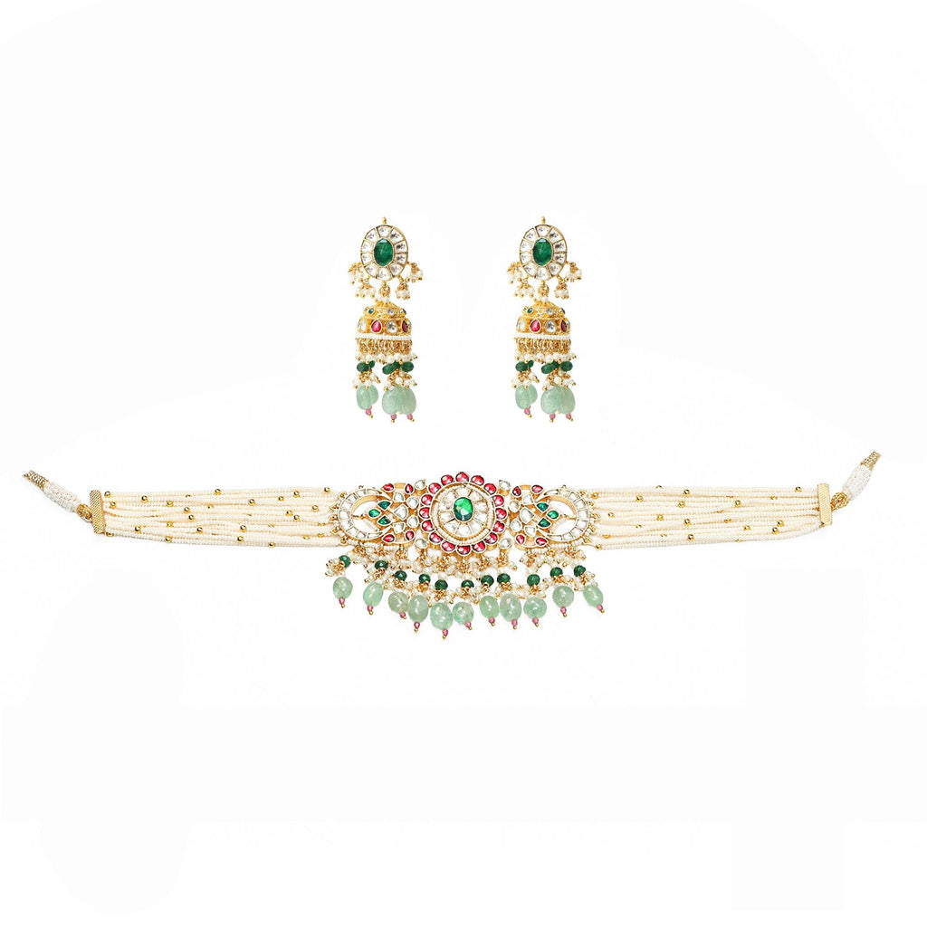 Handcrafted Kundan Choker Set with Pearls and Light Green Aventurine Jhumka Earrings