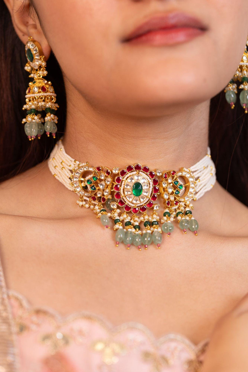 Handcrafted Kundan Choker Set with Pearls and Light Green Aventurine Jhumka Earrings