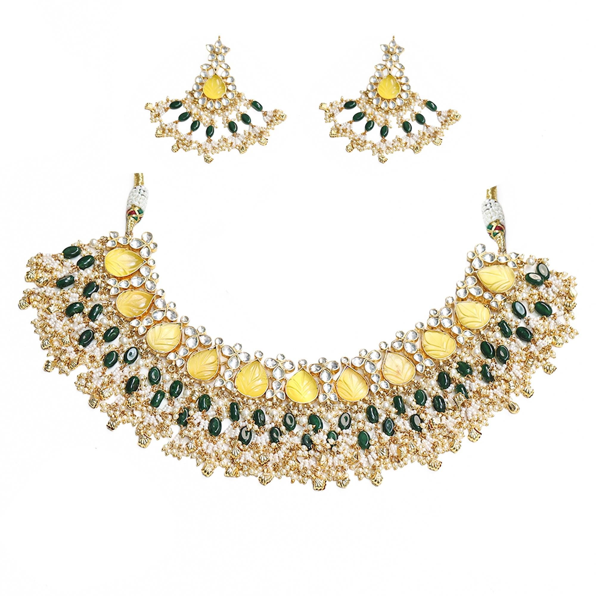 Yellow Onyx Carved Leaf Collar Set | Emerald Green Pearl Festive Statement Necklace