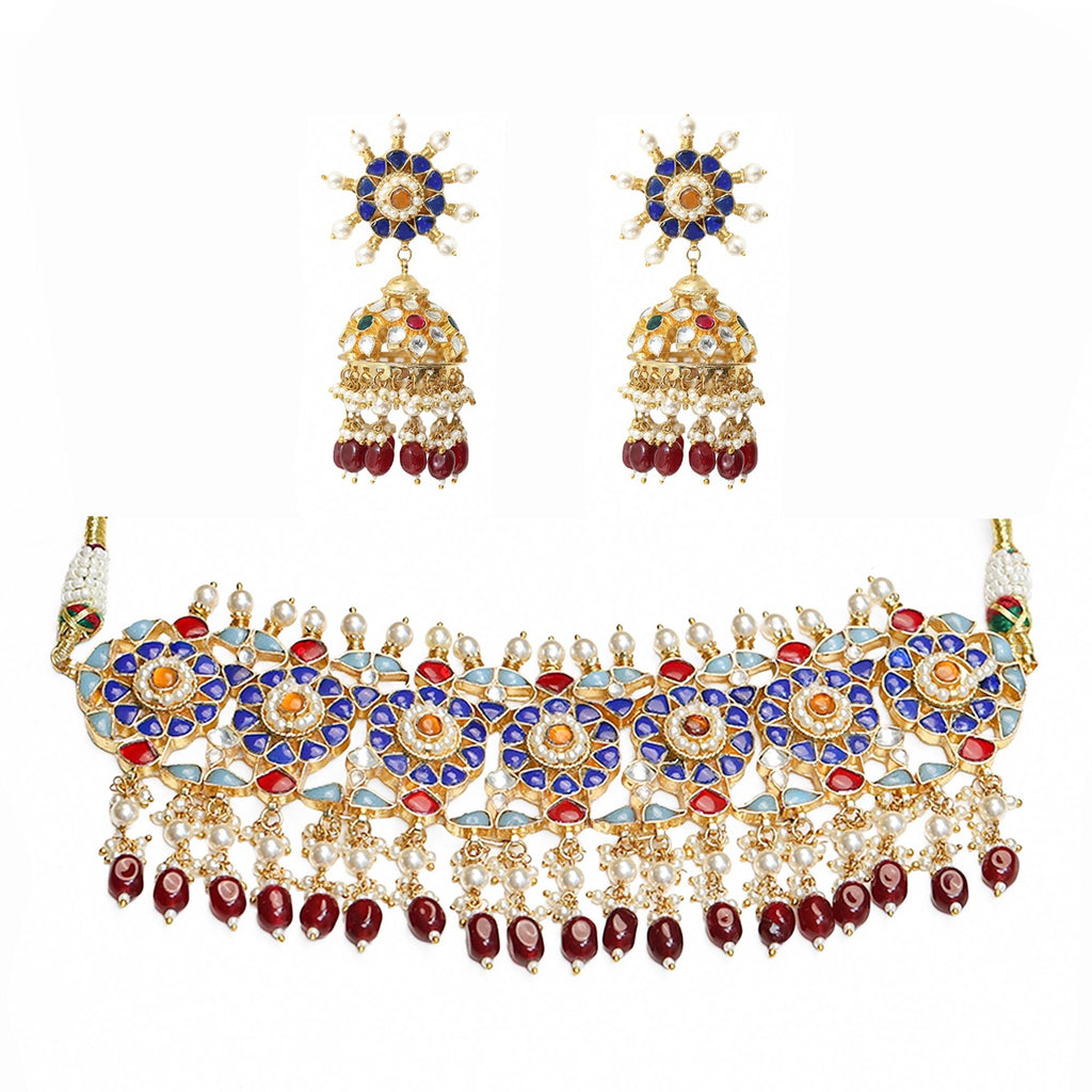 Royal Indian Kundan Choker Set  Emerald Green Meenakari Necklace, Starburst Earrings