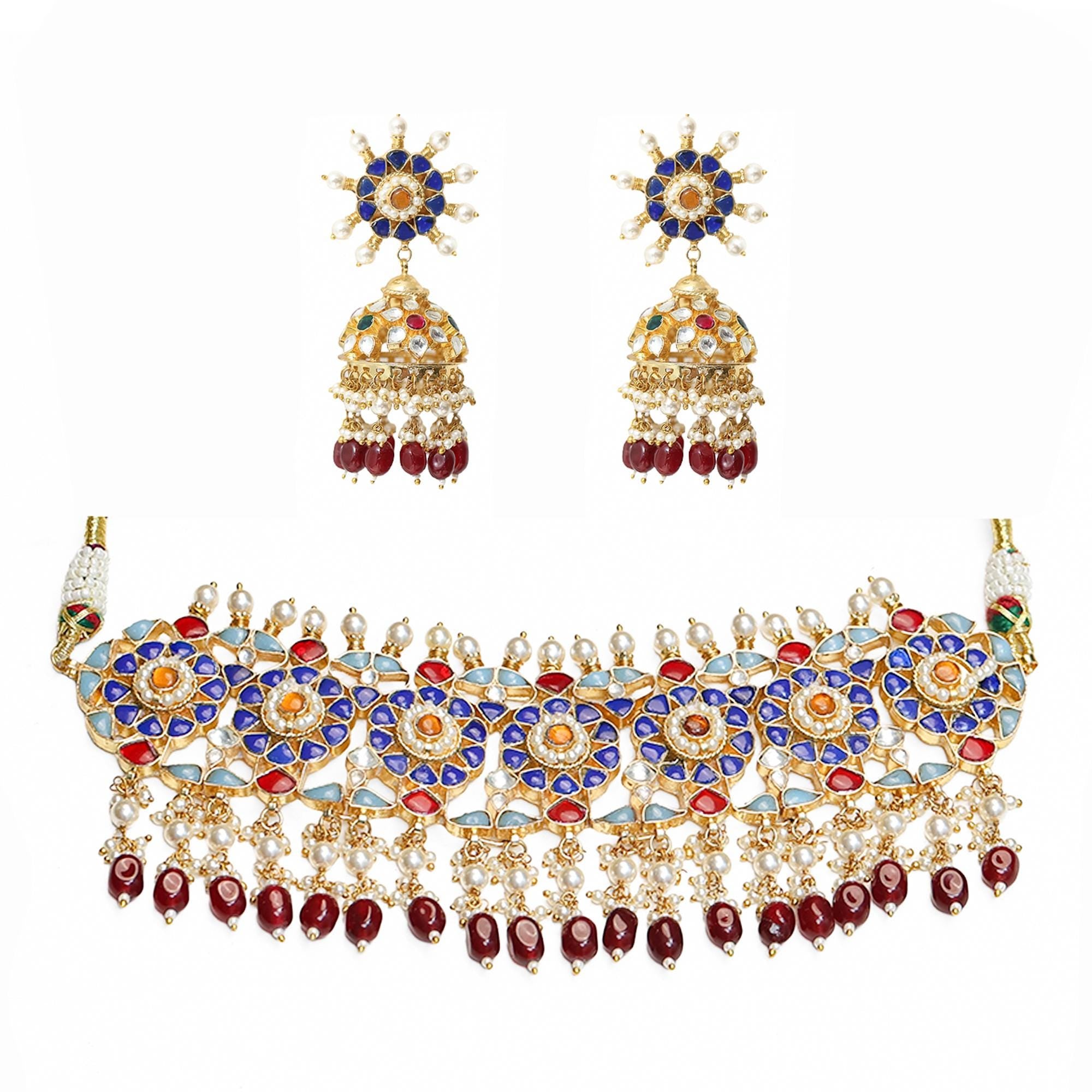 Royal Indian Kundan Choker Set  Emerald Green Meenakari Necklace, Starburst Earrings