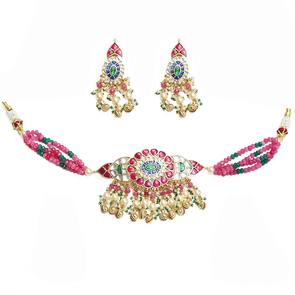 Navratan Kundan Choker Set  Pink Tourmaline Emerald Beads, Indian Festive Jewelry