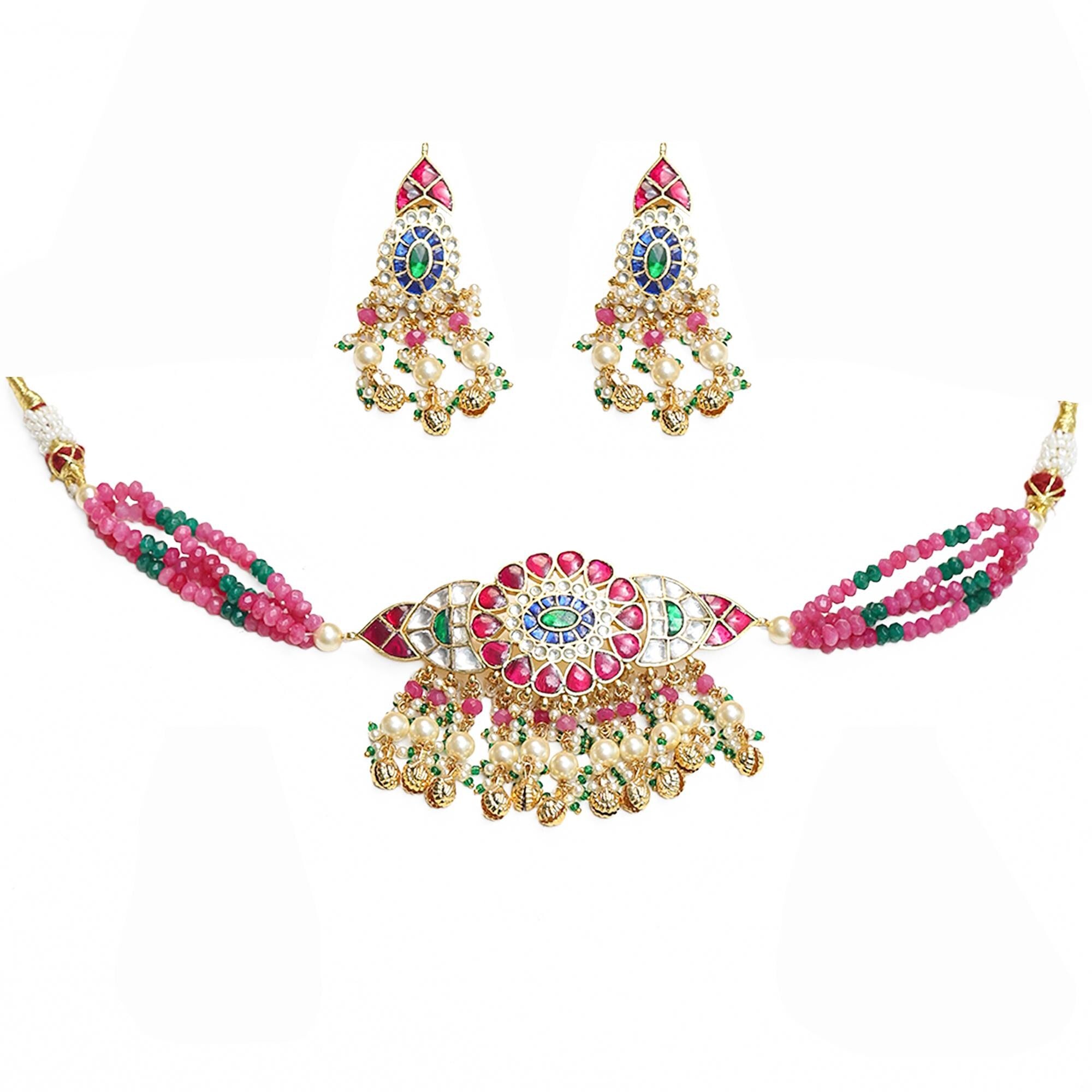 Navratan Kundan Choker Set  Pink Tourmaline Emerald Beads, Indian Festive Jewelry