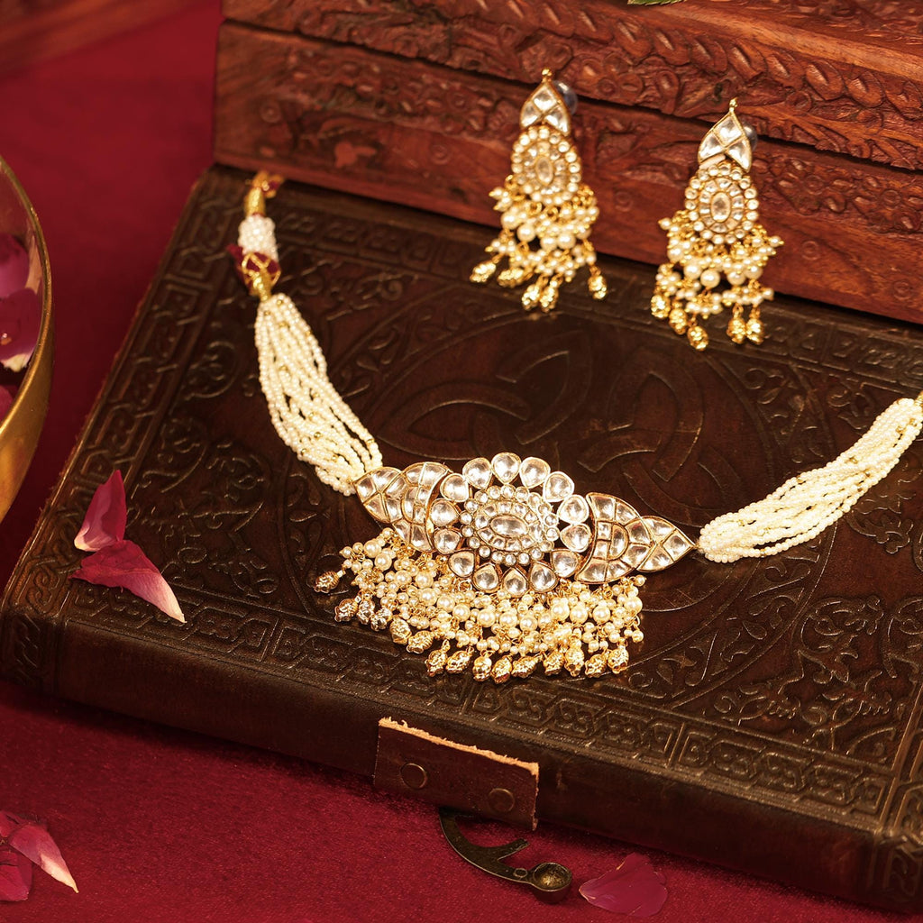 Kundan Choker Set  Multi-Strand Seed Pearls, White Pachi Kundan Necklace, Earrings
