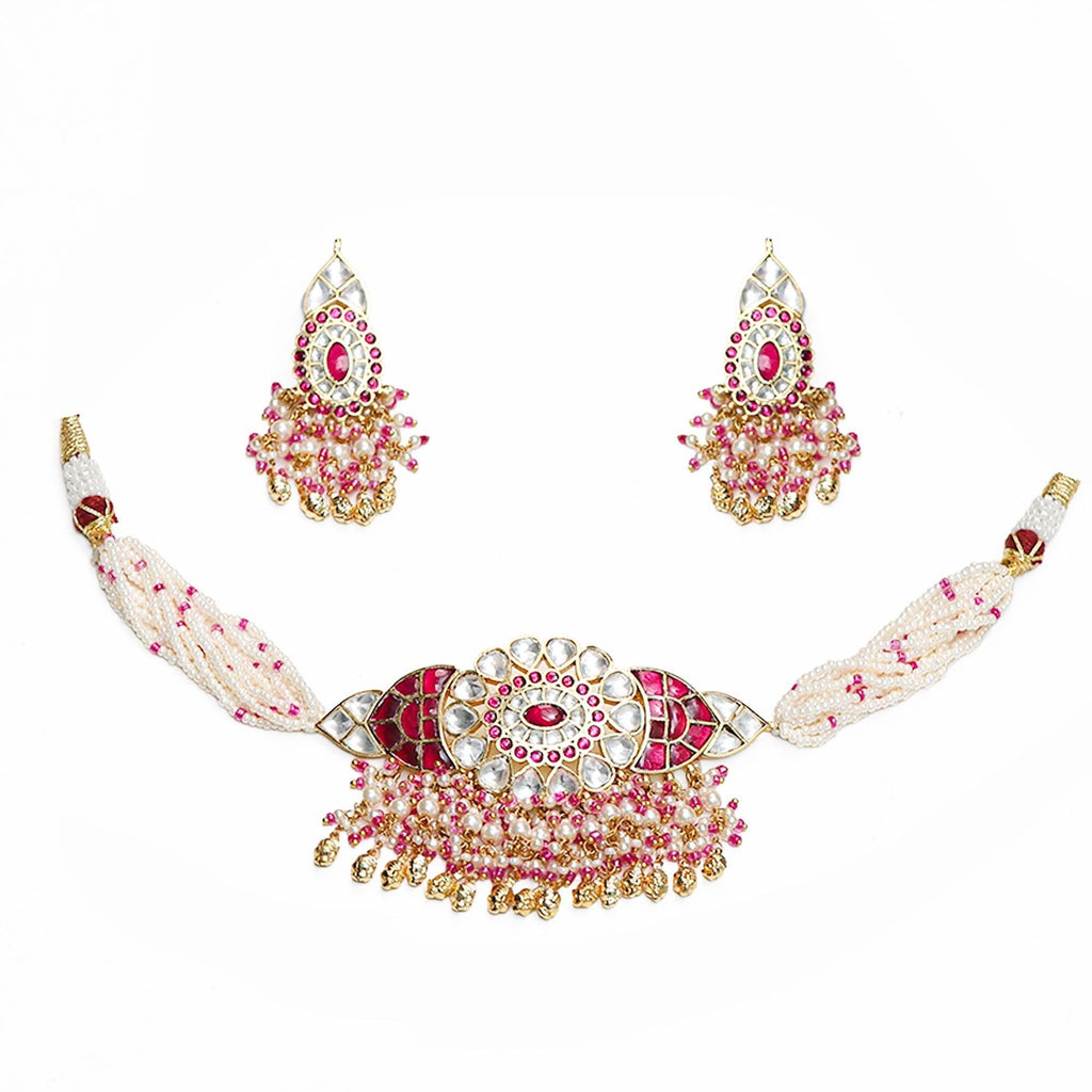 Ruby Pink Kundan Choker Set: Floral Mandala Necklace, Seed Pearls, Geometric Earrings