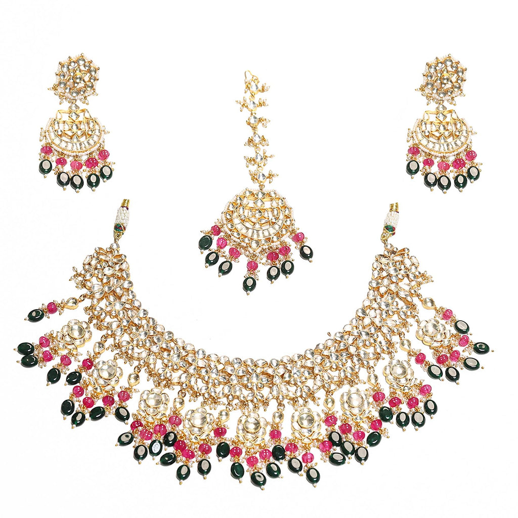 Kundan Bridal Jewelry Set  Pink Emerald Chandbali Necklace, Earrings, Maang Tikka