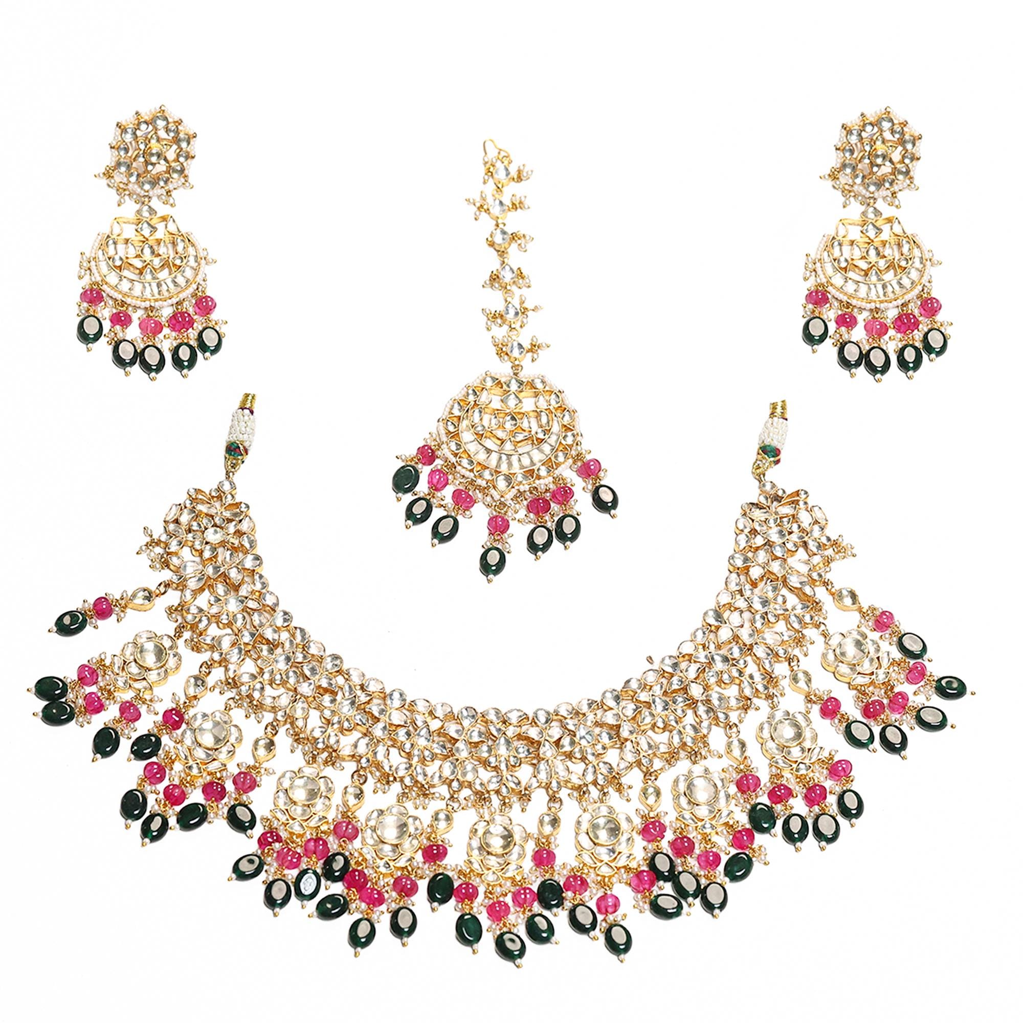 Kundan Bridal Jewelry Set  Pink Emerald Chandbali Necklace, Earrings, Maang Tikka