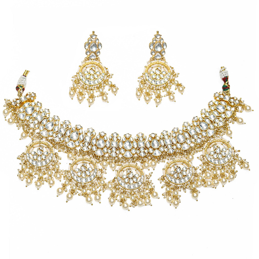 White Kundan Choker Set with Pearls, Elegant Indian Bridal Collar Necklace Earrings