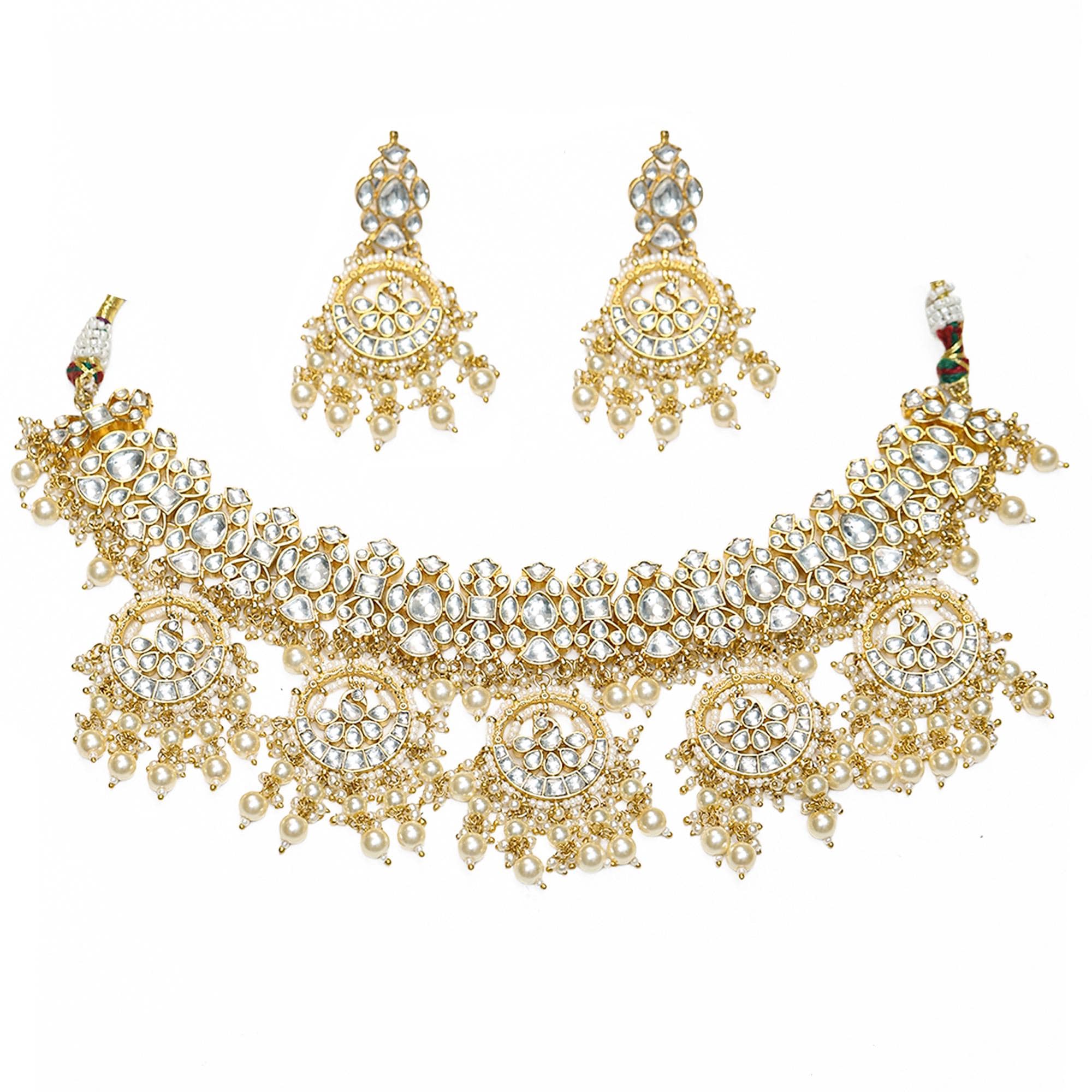 White Kundan Choker Set with Pearls, Elegant Indian Bridal Collar Necklace Earrings