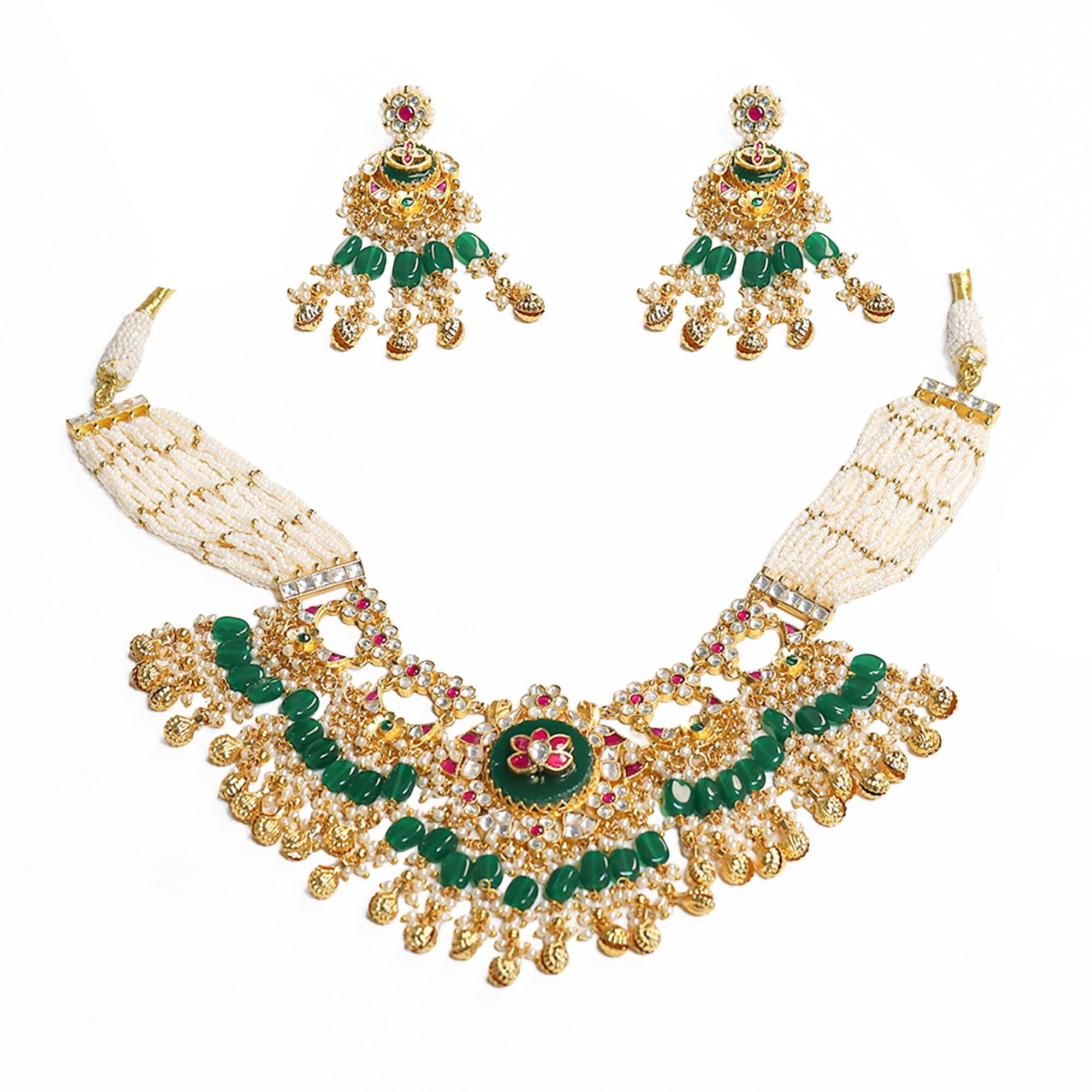 Emerald Green Kundan Choker Set  Antique Gold Meenakari Necklace, Pearl Earrings