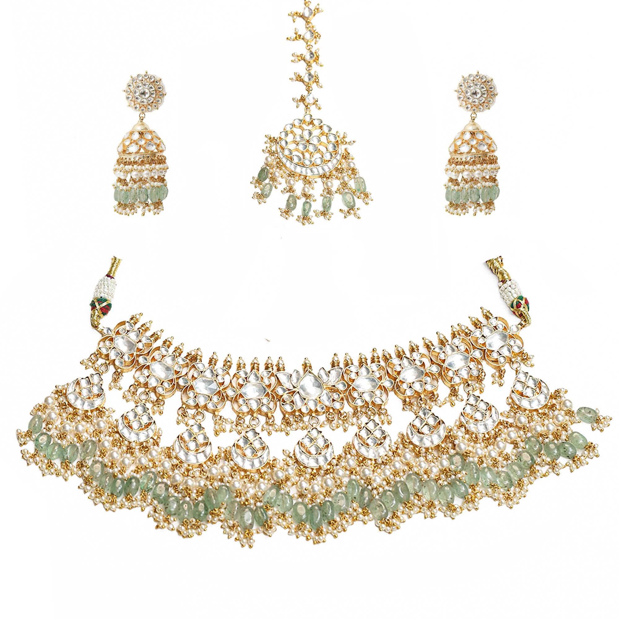 Mint Green Kundan Bridal Choker Set with Maang Tikka & Jhumka Earrings