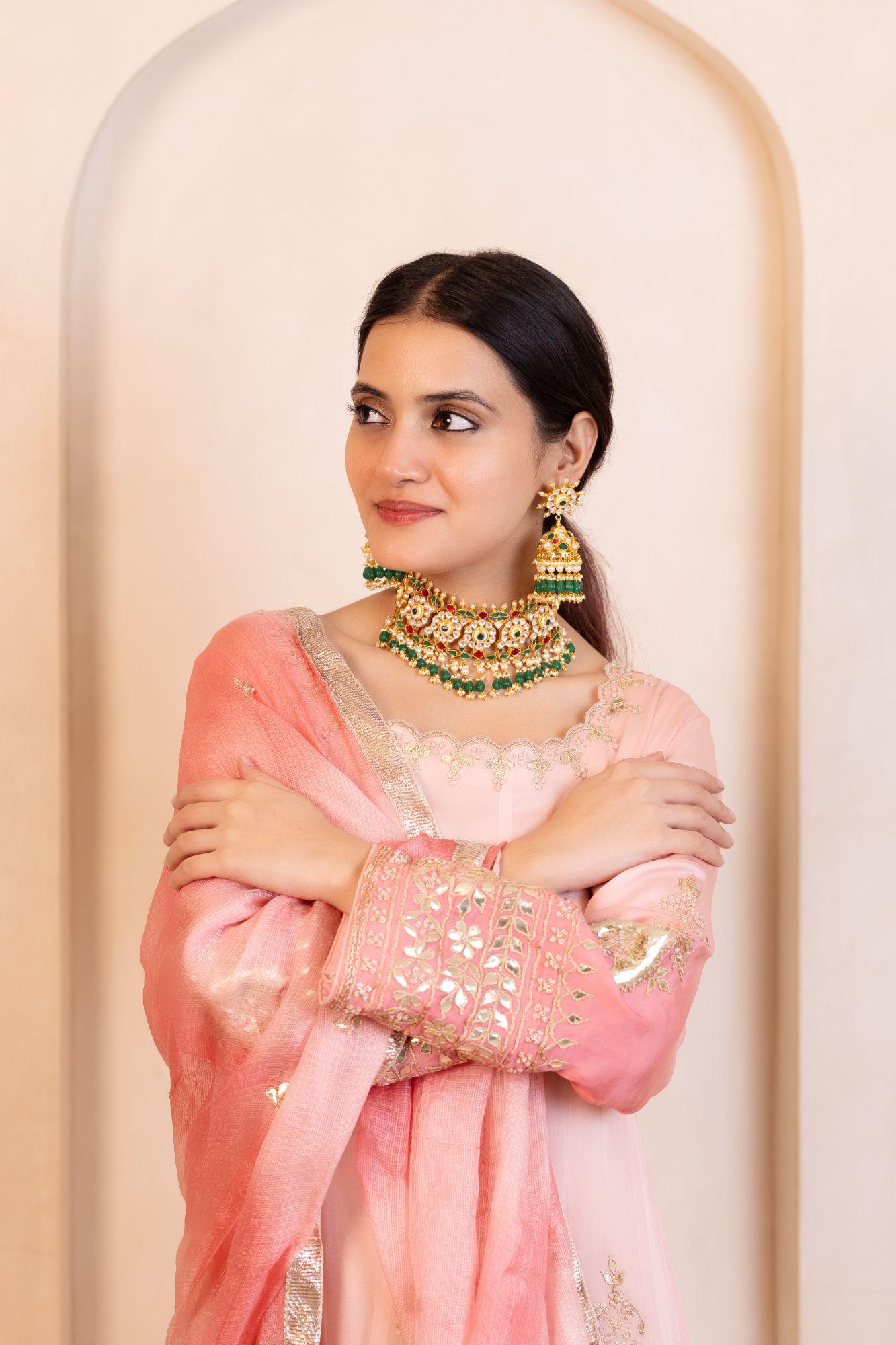 Royal Kundan Choker Necklace Set  Emerald Green, Ruby Red Bridal Jewelry