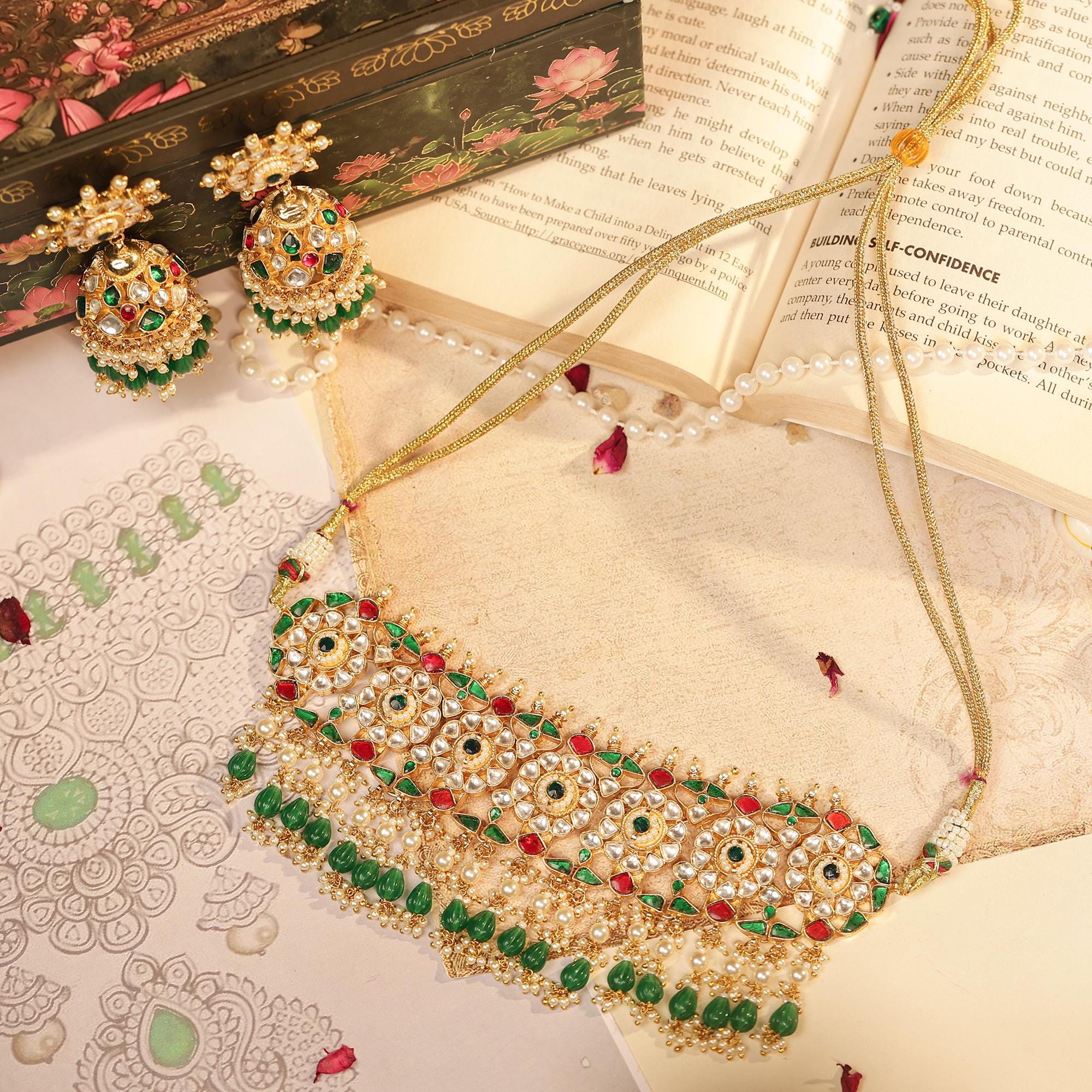 Royal Kundan Choker Necklace Set  Emerald Green, Ruby Red Bridal Jewelry