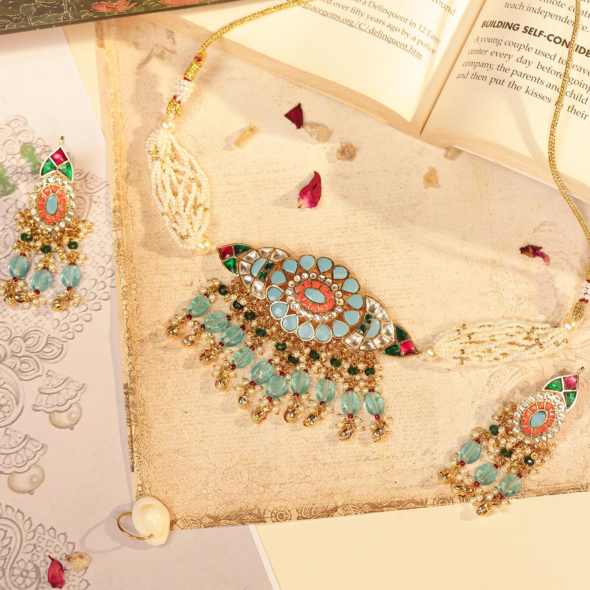 Blue Kundan Choker Set  Pastel Meenakari Floral Pearls  Indian Festive Jewelry