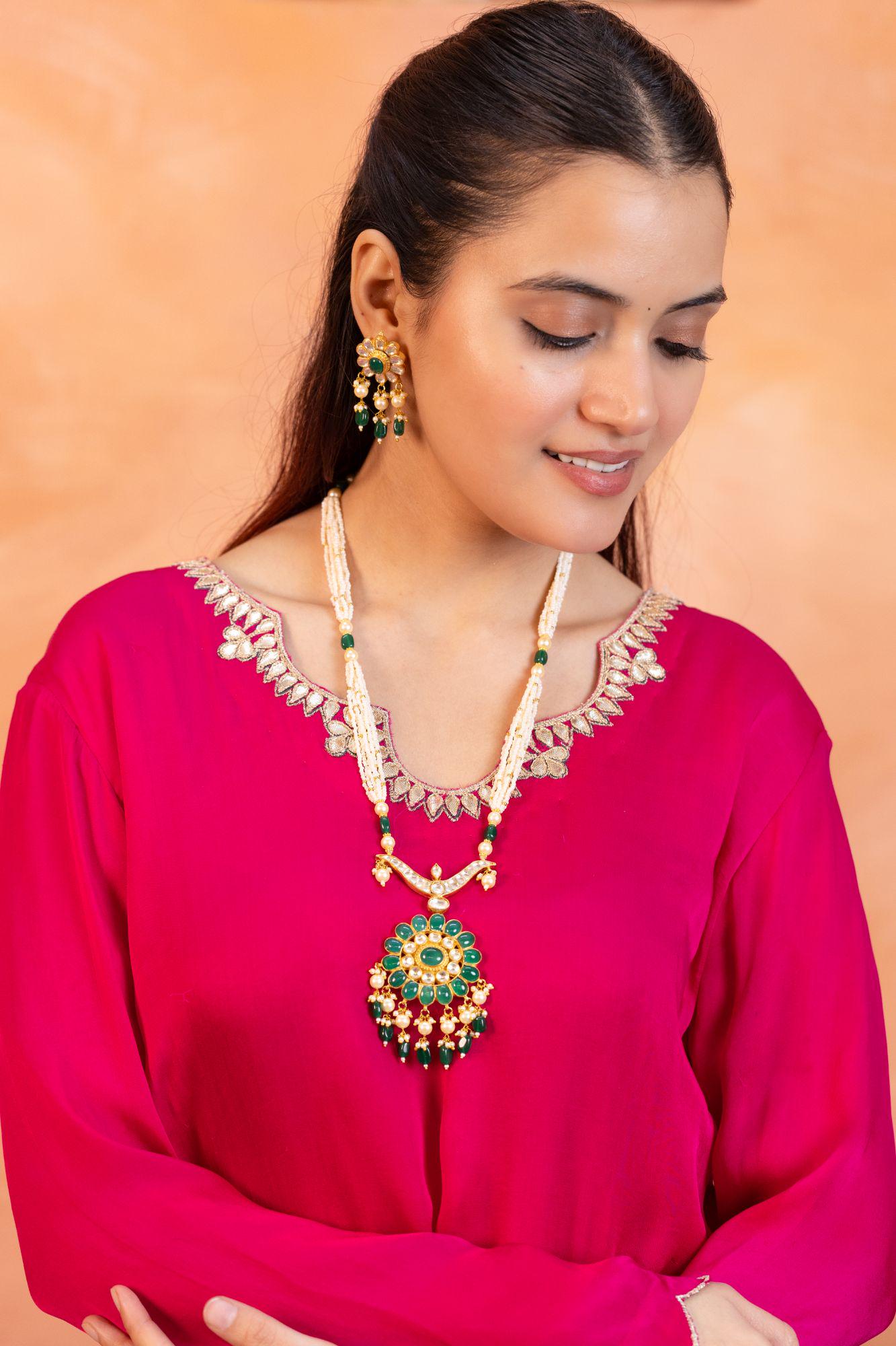 Emerald Green Kundan Pendant Necklace Set  Multi-Strand Pearls, Royal Indian Mala, Earrings