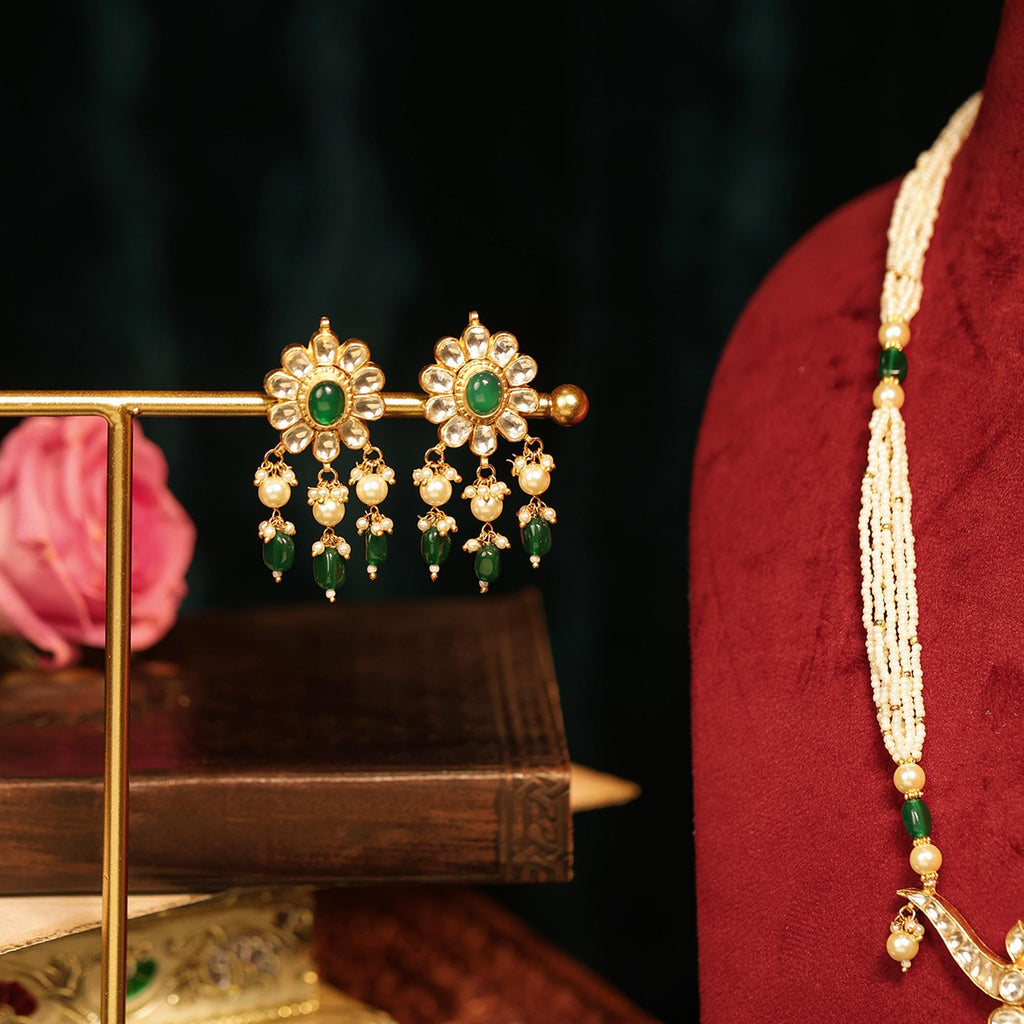 Emerald Green Kundan Pendant Necklace Set  Multi-Strand Pearls, Royal Indian Mala, Earrings