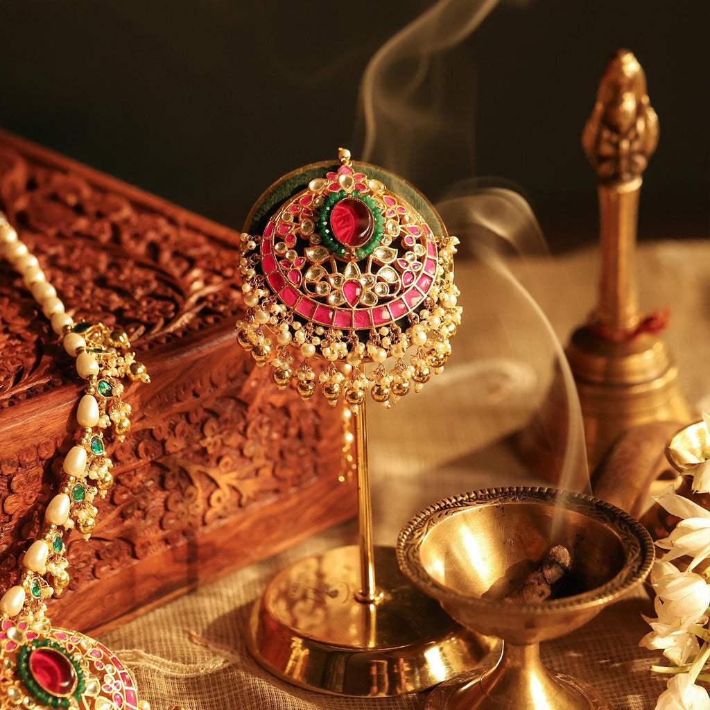 Handcrafted Meenakari Kundan Pendant Necklace Set  Red Green Enamel Indian Wedding Jewelry