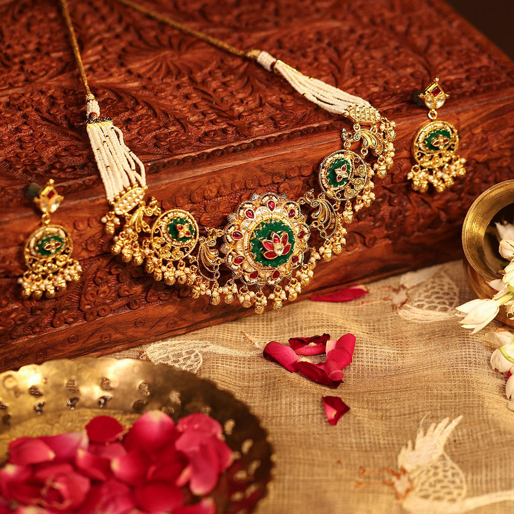Rajwadi Meenakari Choker Necklace Set with Earrings: Traditional Kundan Bridal Jewelry