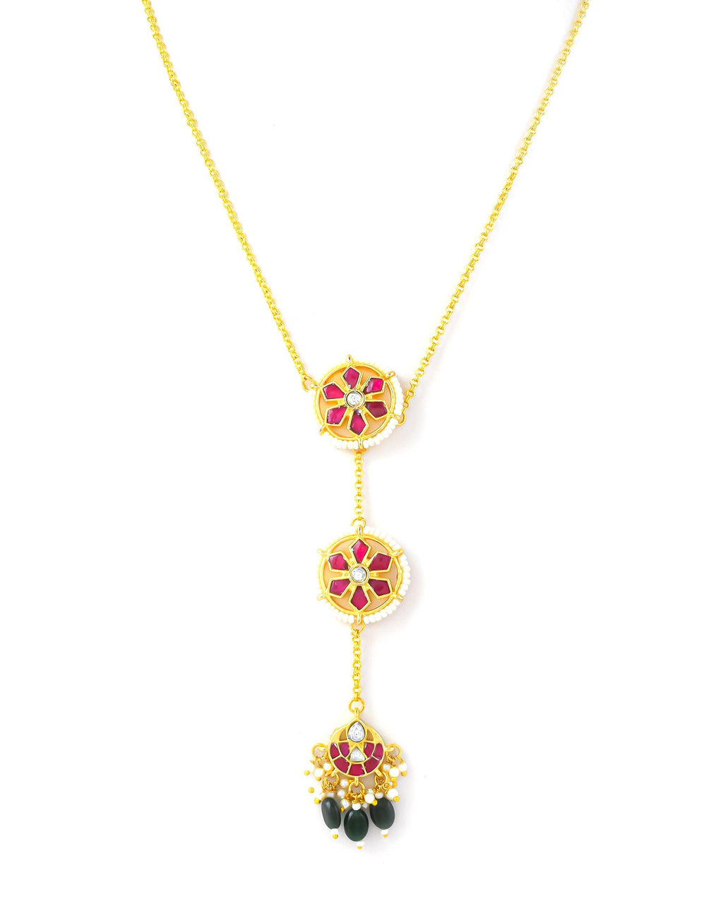Handmade Floral Kundan Necklace Set  Gold Plated Ruby Red Enamel Geometric Pendant