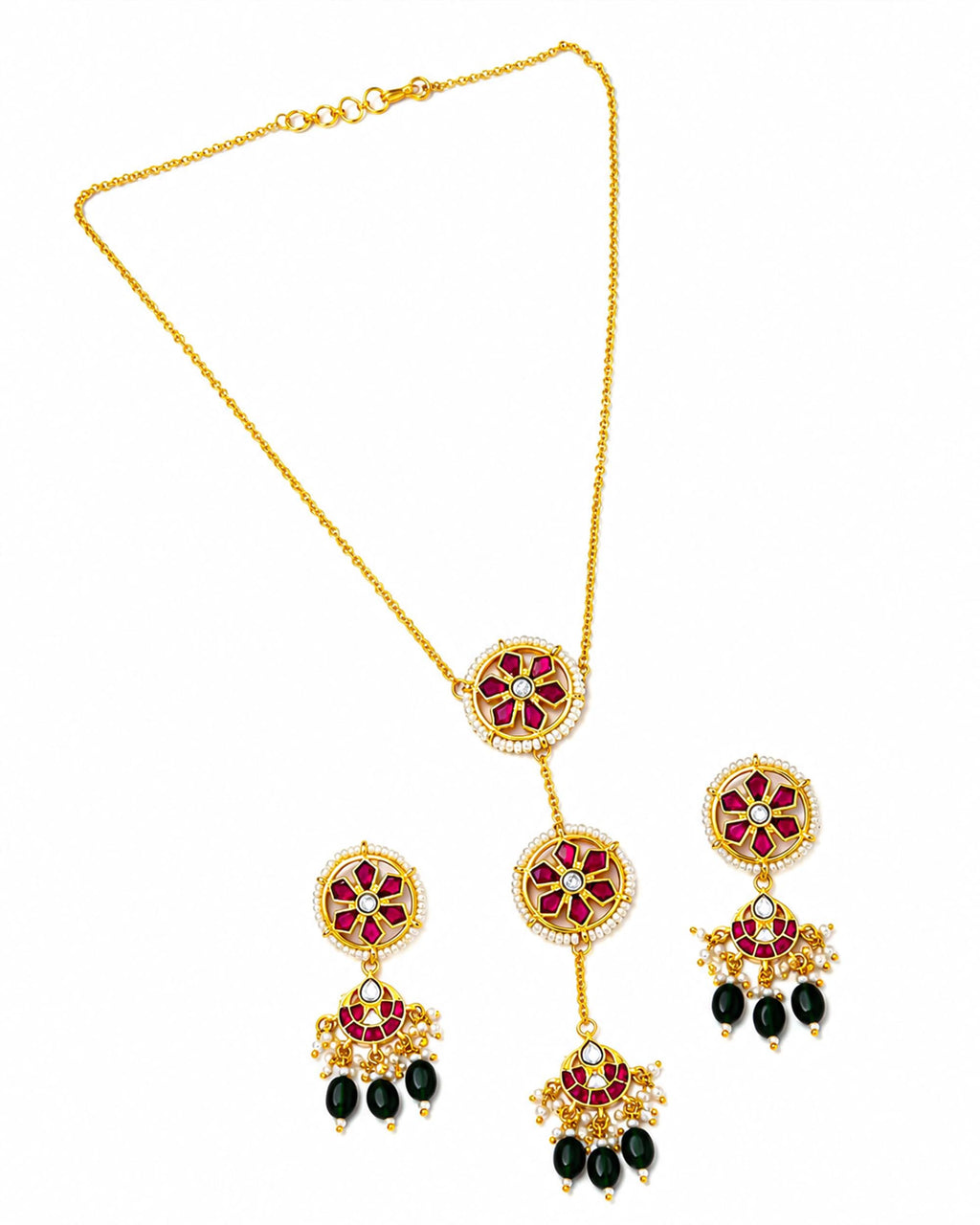 Handmade Floral Kundan Necklace Set  Gold Plated Ruby Red Enamel Geometric Pendant