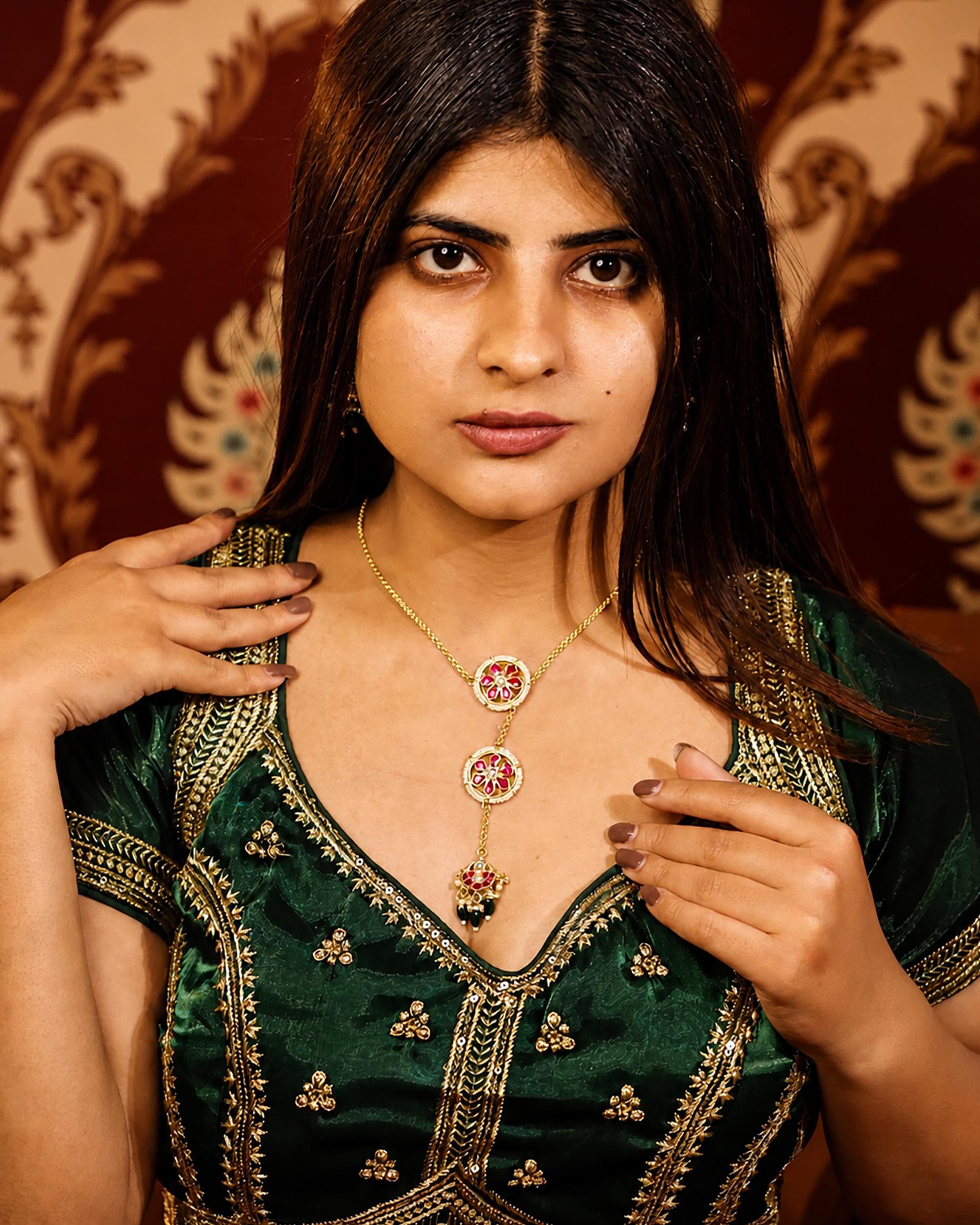 Handmade Floral Kundan Necklace Set  Gold Plated Ruby Red Enamel Geometric Pendant
