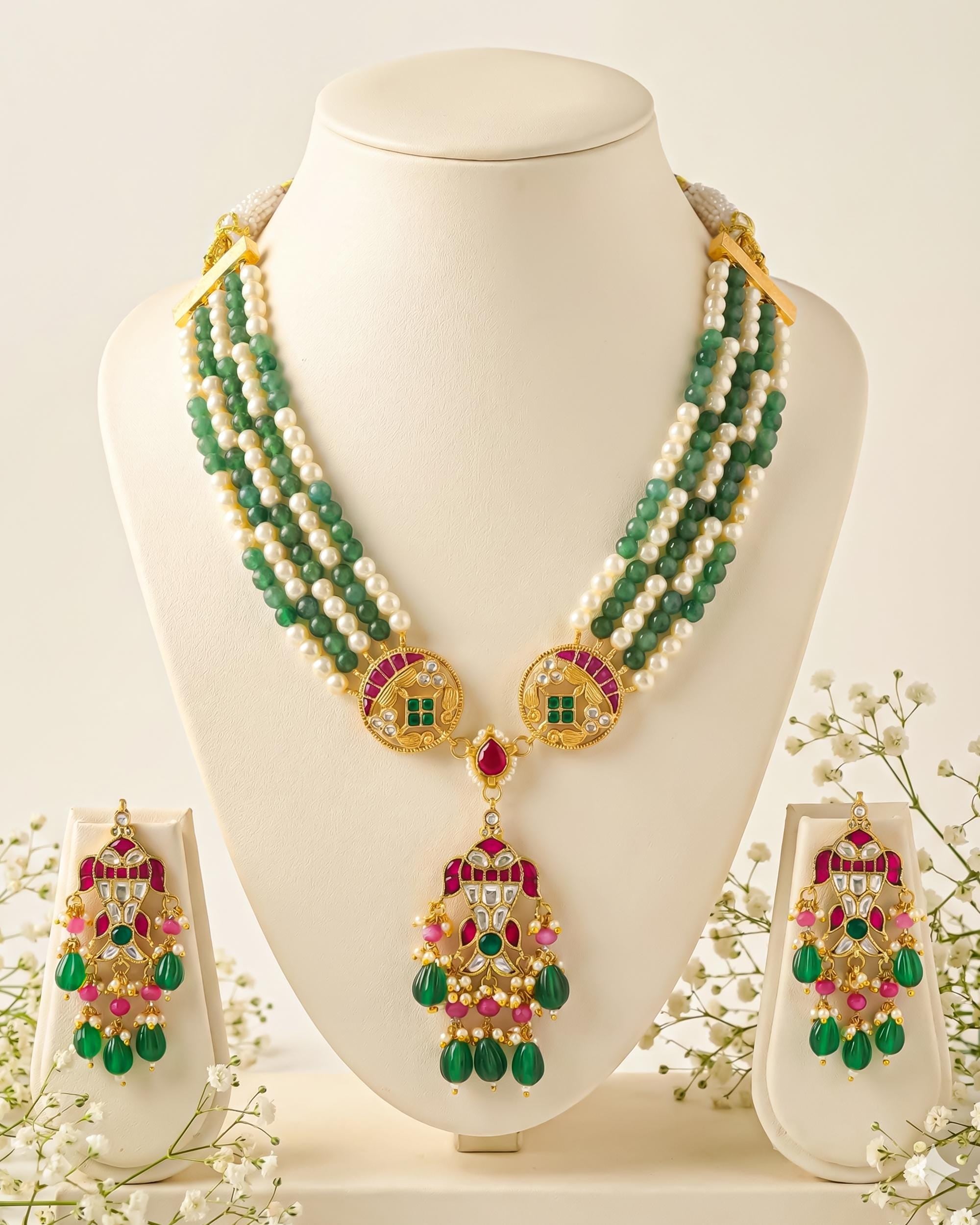 Multi-Strand Green Pearl Kundan Necklace Set with Pink Stone Pendant, Earrings, Maang Tikka