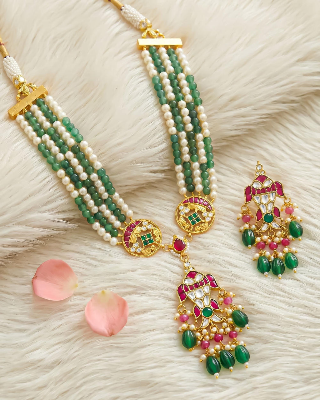 Multi-Strand Green Pearl Kundan Necklace Set with Pink Stone Pendant, Earrings, Maang Tikka