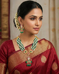 Multi-Strand Green Pearl Kundan Necklace Set with Pink Stone Pendant, Earrings, Maang Tikka
