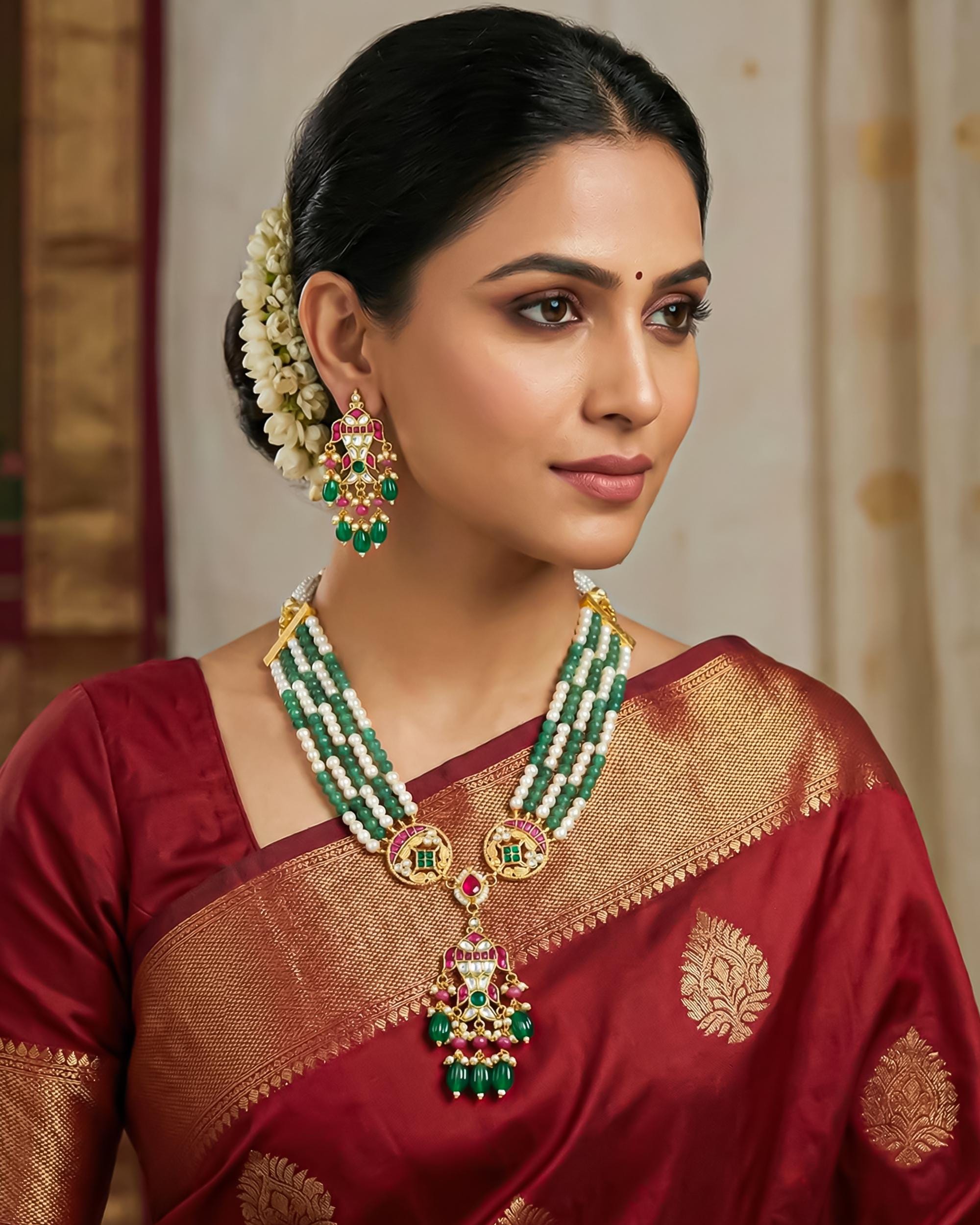 Multi-Strand Green Pearl Kundan Necklace Set with Pink Stone Pendant, Earrings, Maang Tikka