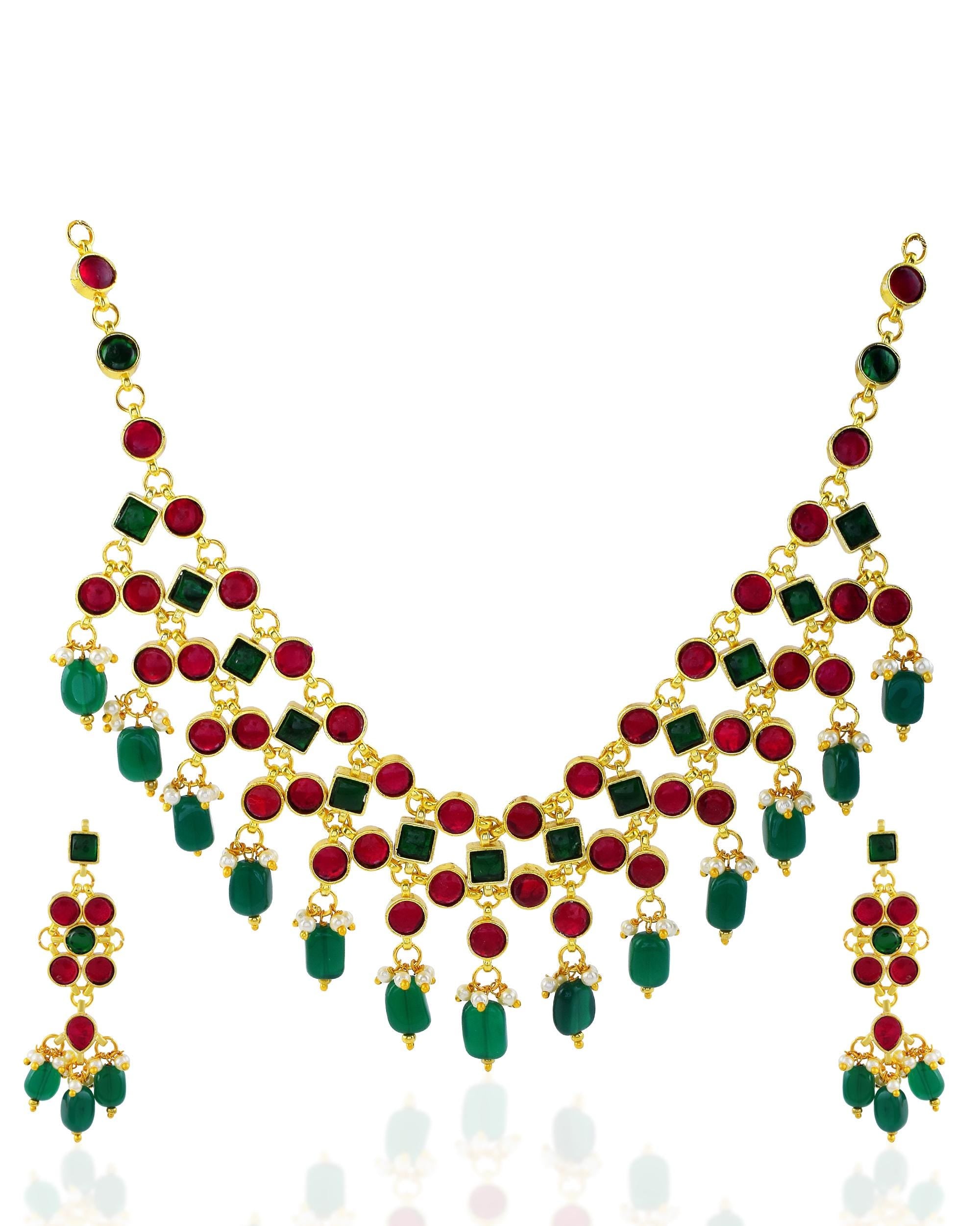 Red Green Kundan Necklace Set, Traditional Indian Bridal Jewelry, Statement Wedding Earrings