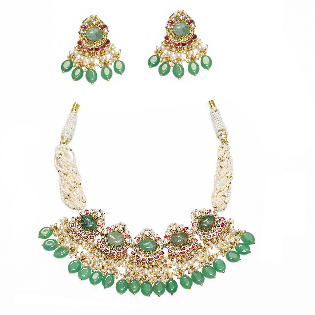 Kundan Choker Necklace Set  Uncut Emerald, Ruby, Pearl Strand, Bridal Jewelry