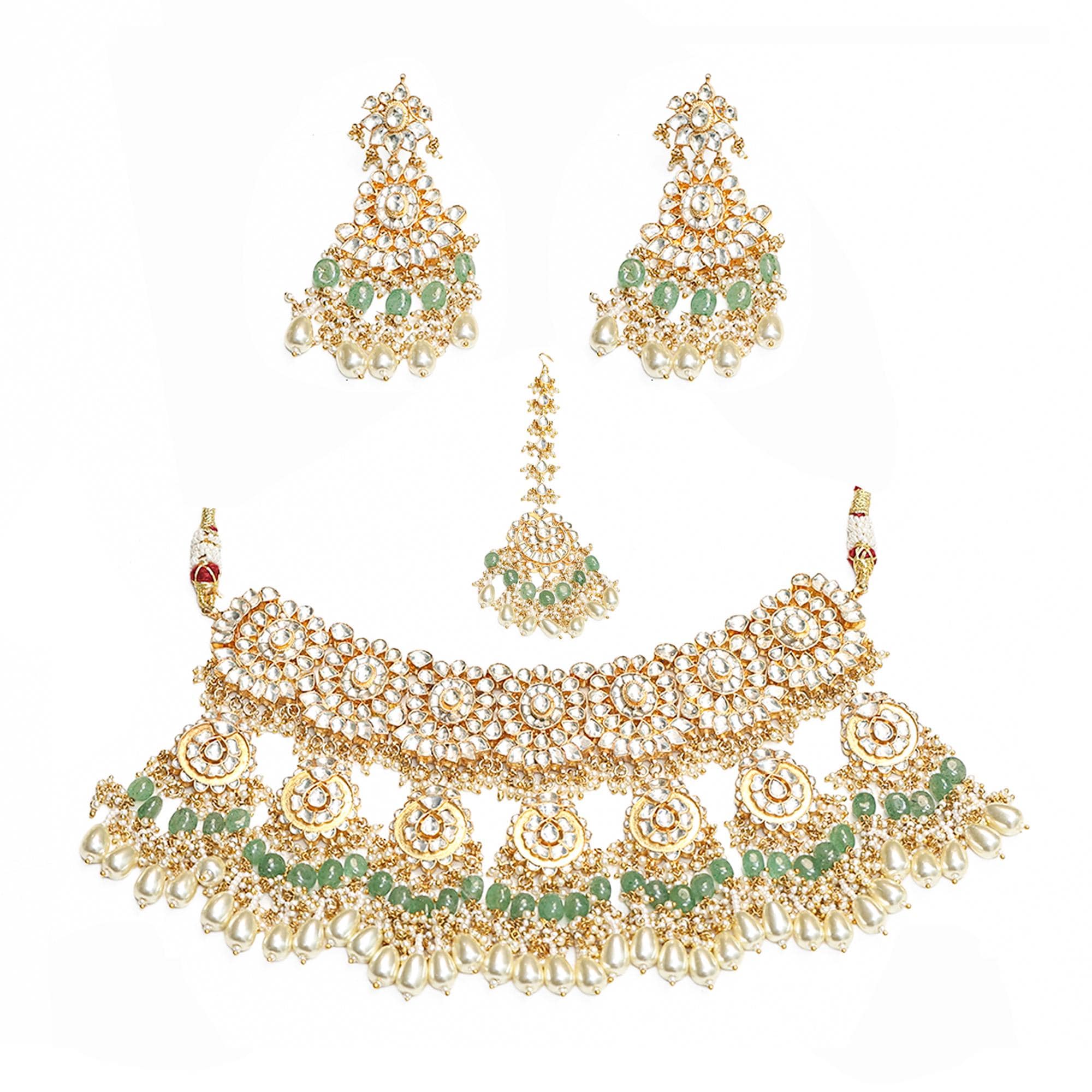 Sabyasachi Inspired Kundan Choker Set | Mint Green Beads, Pearls, Maang Tikka, Earrings