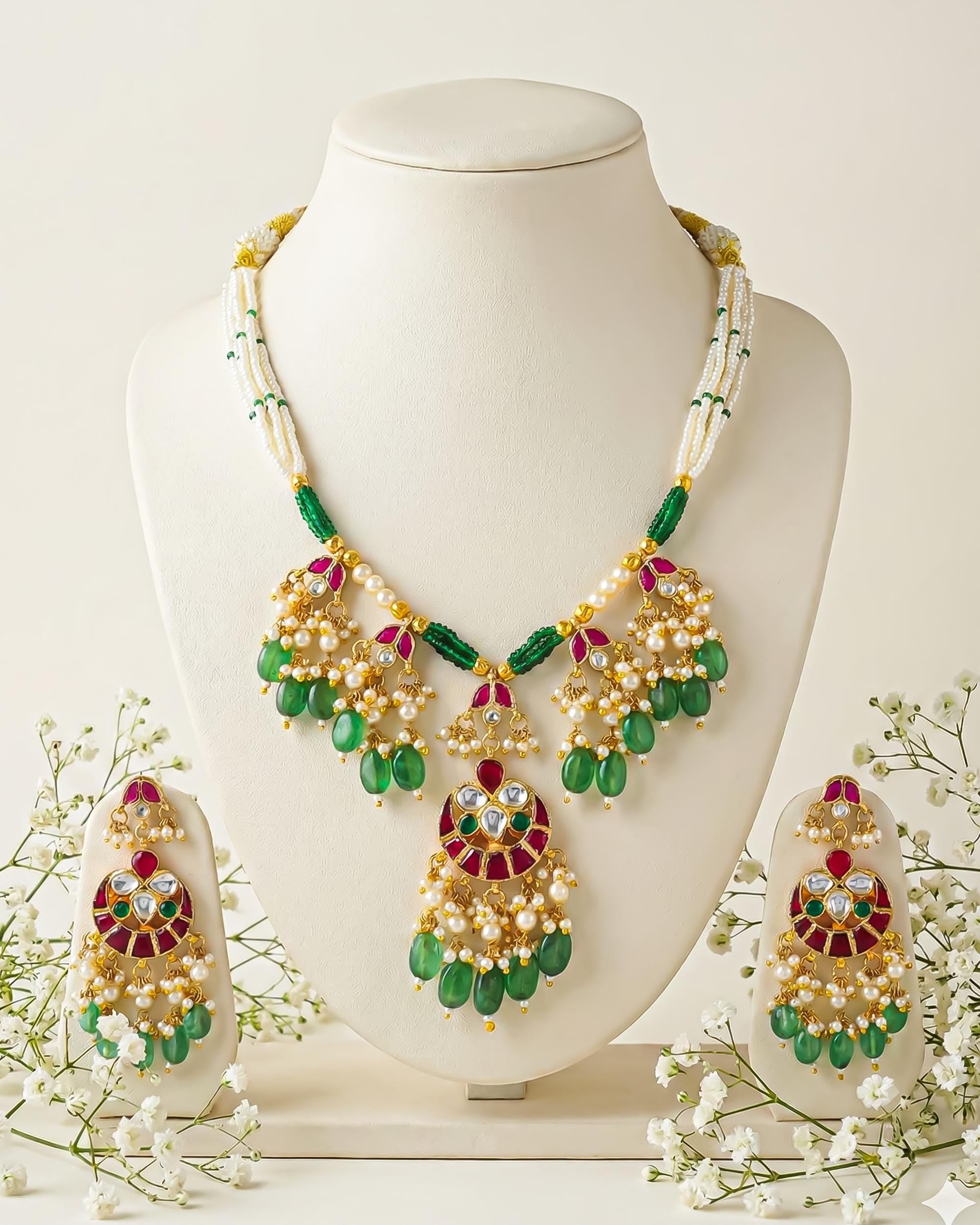Green Kundan Necklace Set with Pink Stones, Pearl Drop Earrings, Indian Bridal Jewelry