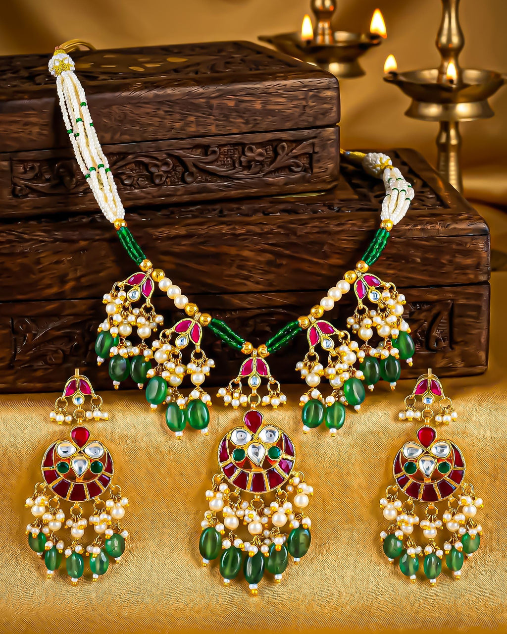 Green Kundan Necklace Set with Pink Stones, Pearl Drop Earrings, Indian Bridal Jewelry