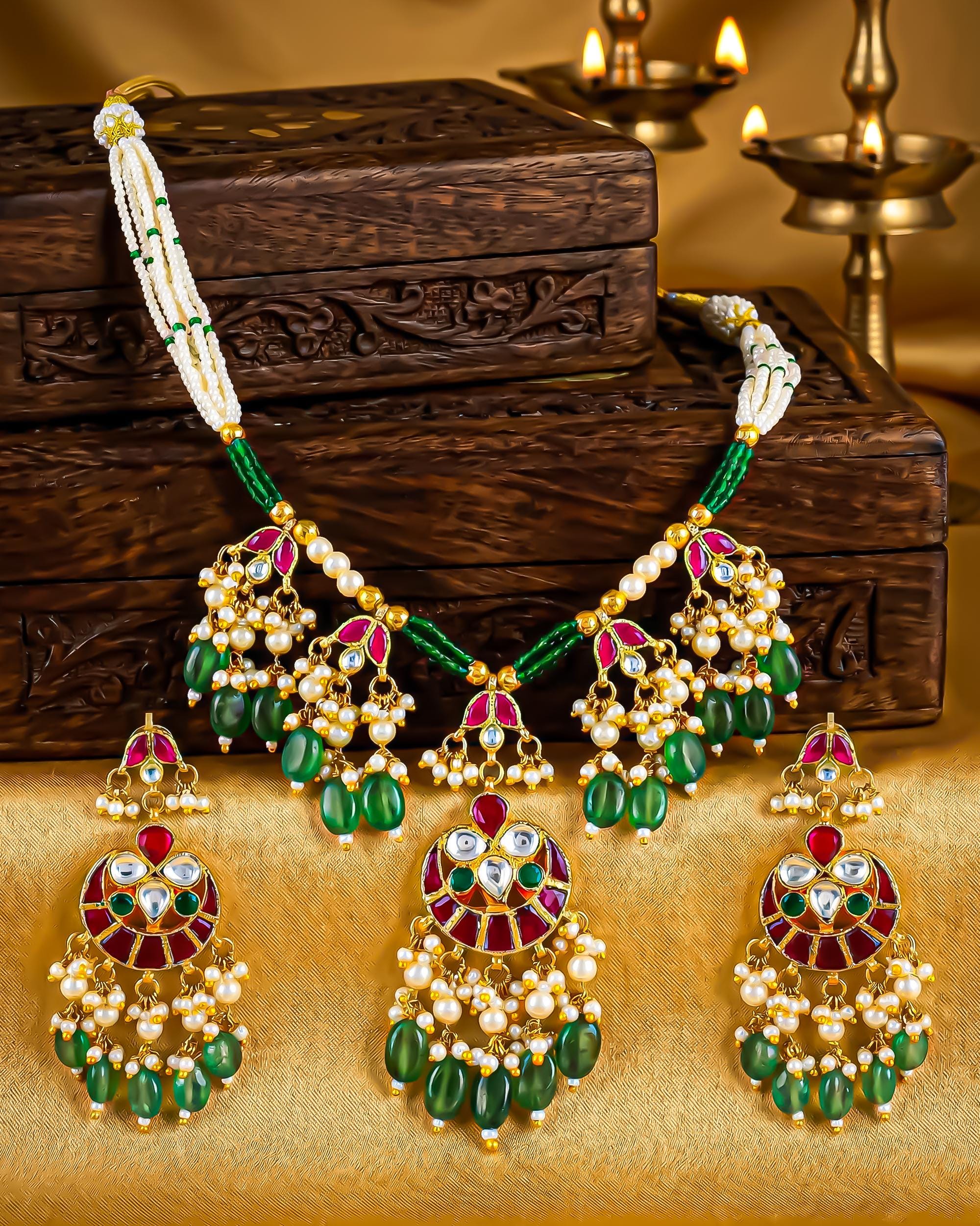 Green Kundan Necklace Set with Pink Stones, Pearl Drop Earrings, Indian Bridal Jewelry