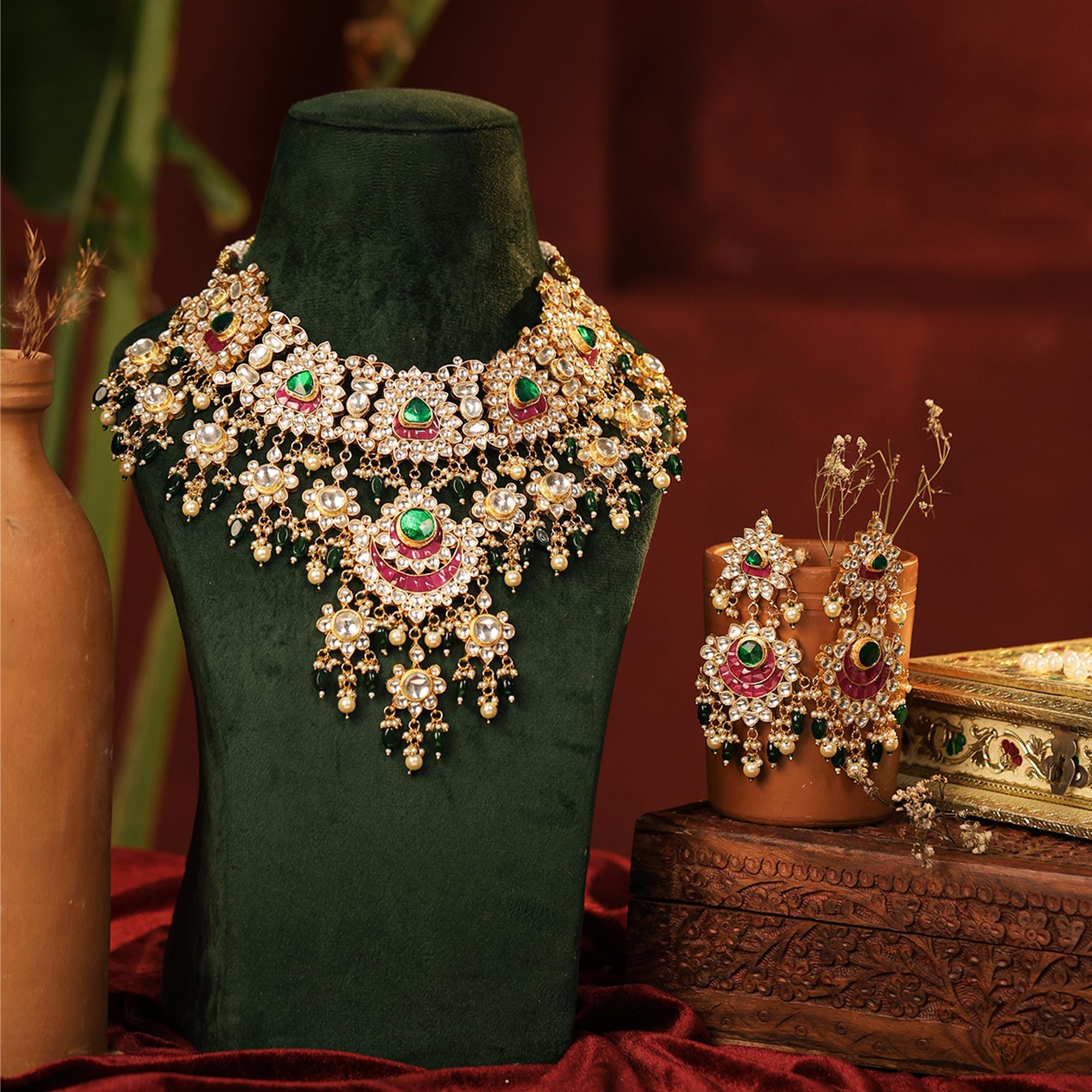 Royal Meenakari Kundan Bridal Choker Set | Emerald Green Ruby Accents, Rajasthani Statement Necklace Earrings