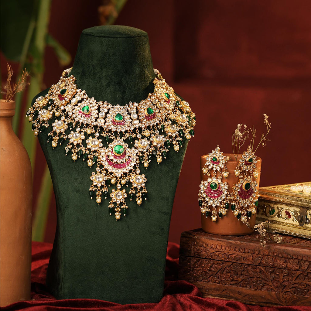 Royal Meenakari Kundan Bridal Choker Set | Emerald Green Ruby Accents, Rajasthani Statement Necklace Earrings