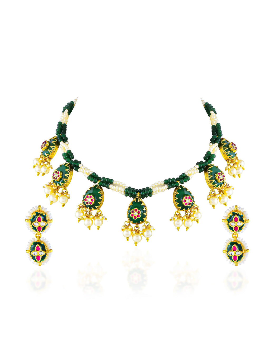 Green Meenakari Kundan Necklace Set with Pearl Drops, Indian Bridal Jewelry