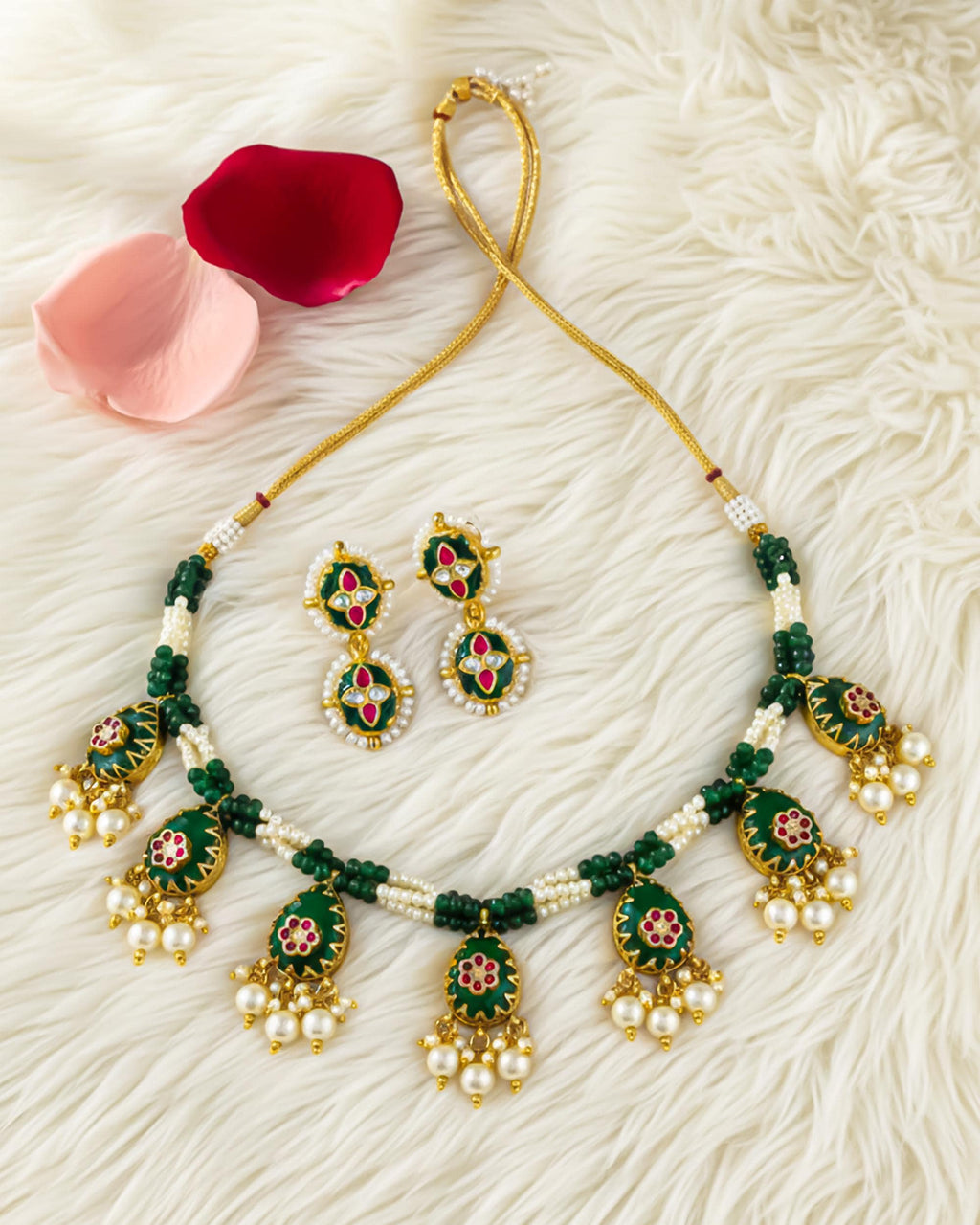 Green Meenakari Kundan Necklace Set with Pearl Drops, Indian Bridal Jewelry