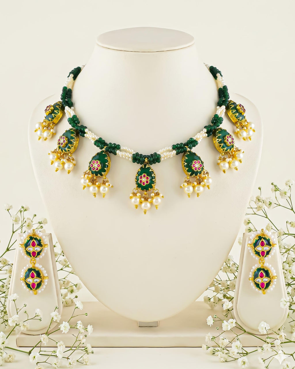Green Meenakari Kundan Necklace Set with Pearl Drops, Indian Bridal Jewelry