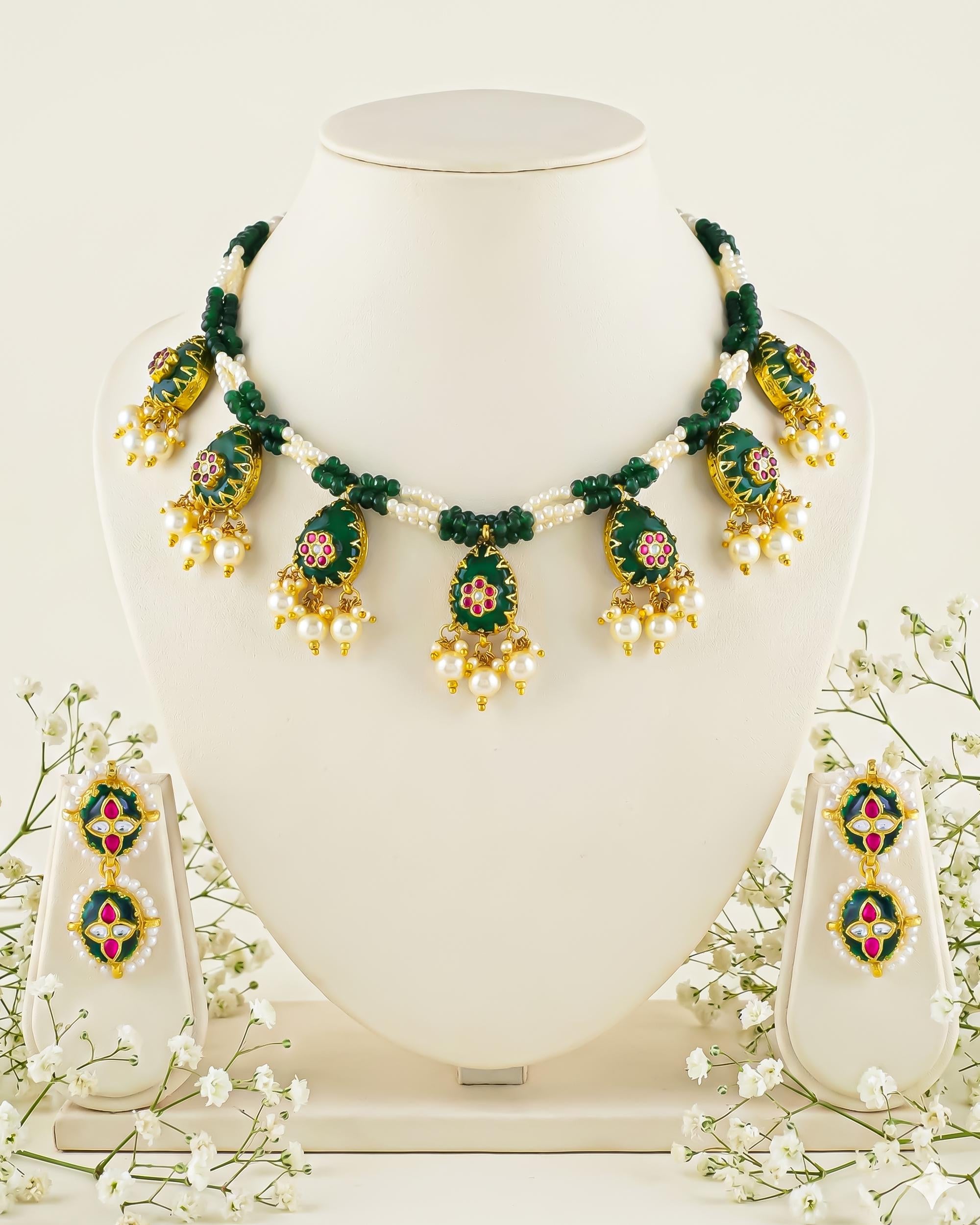 Green Meenakari Kundan Necklace Set with Pearl Drops, Indian Bridal Jewelry