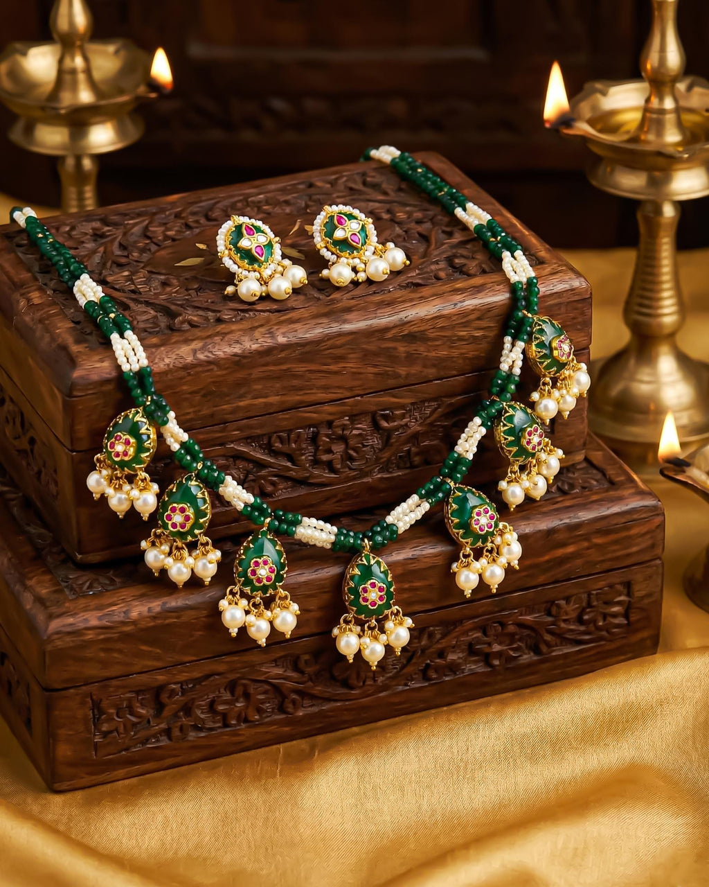 Green Meenakari Kundan Necklace Set with Pearl Drops, Indian Bridal Jewelry