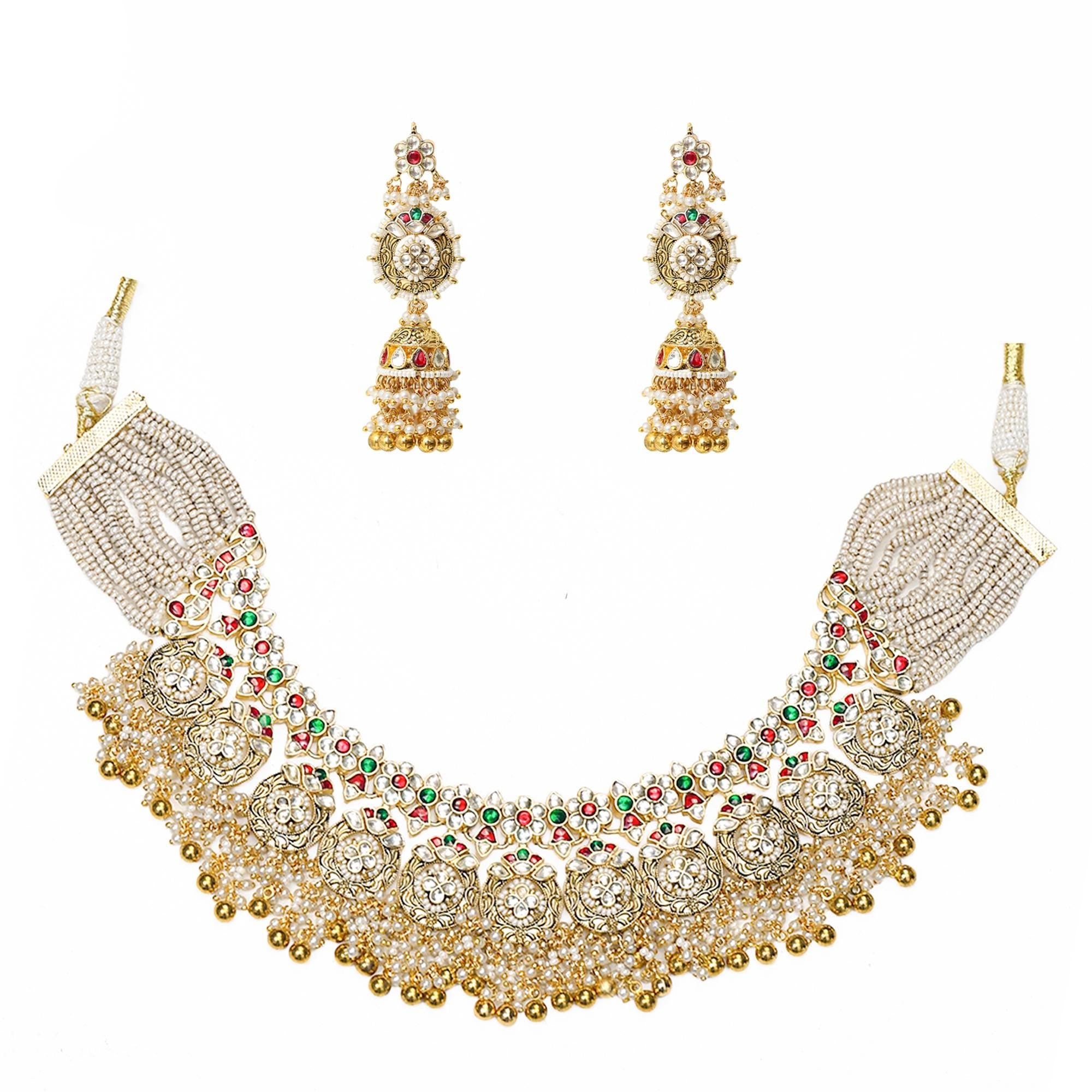 Royal Meenakari Kundan Bridal Choker Set | Emerald Green Ruby Accents, Rajasthani Statement Earrings