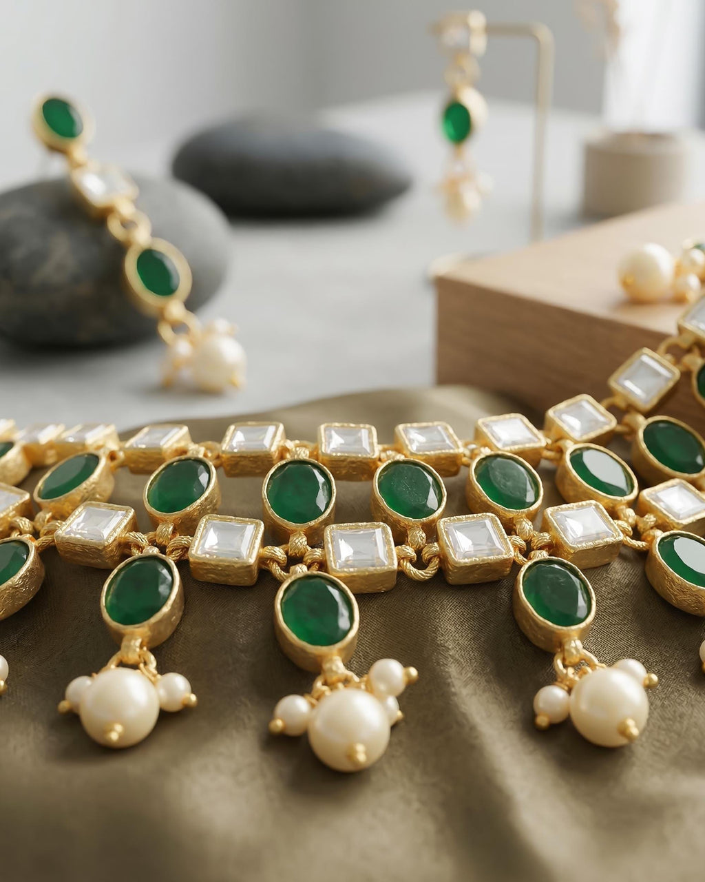 Green Kundan Pearl Choker Necklace Set, Indian Bridal Wedding Jewelry