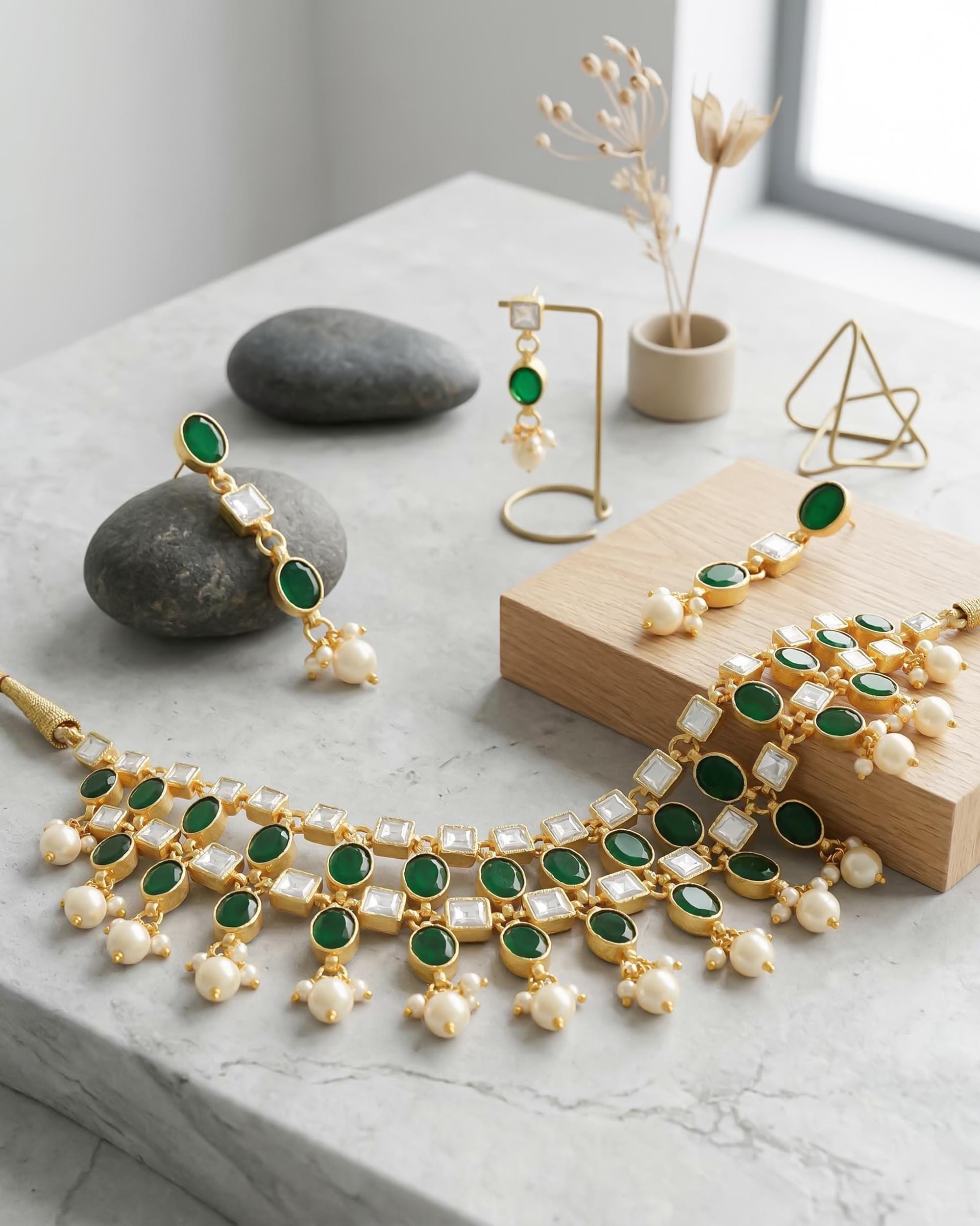 Green Kundan Pearl Choker Necklace Set, Indian Bridal Wedding Jewelry
