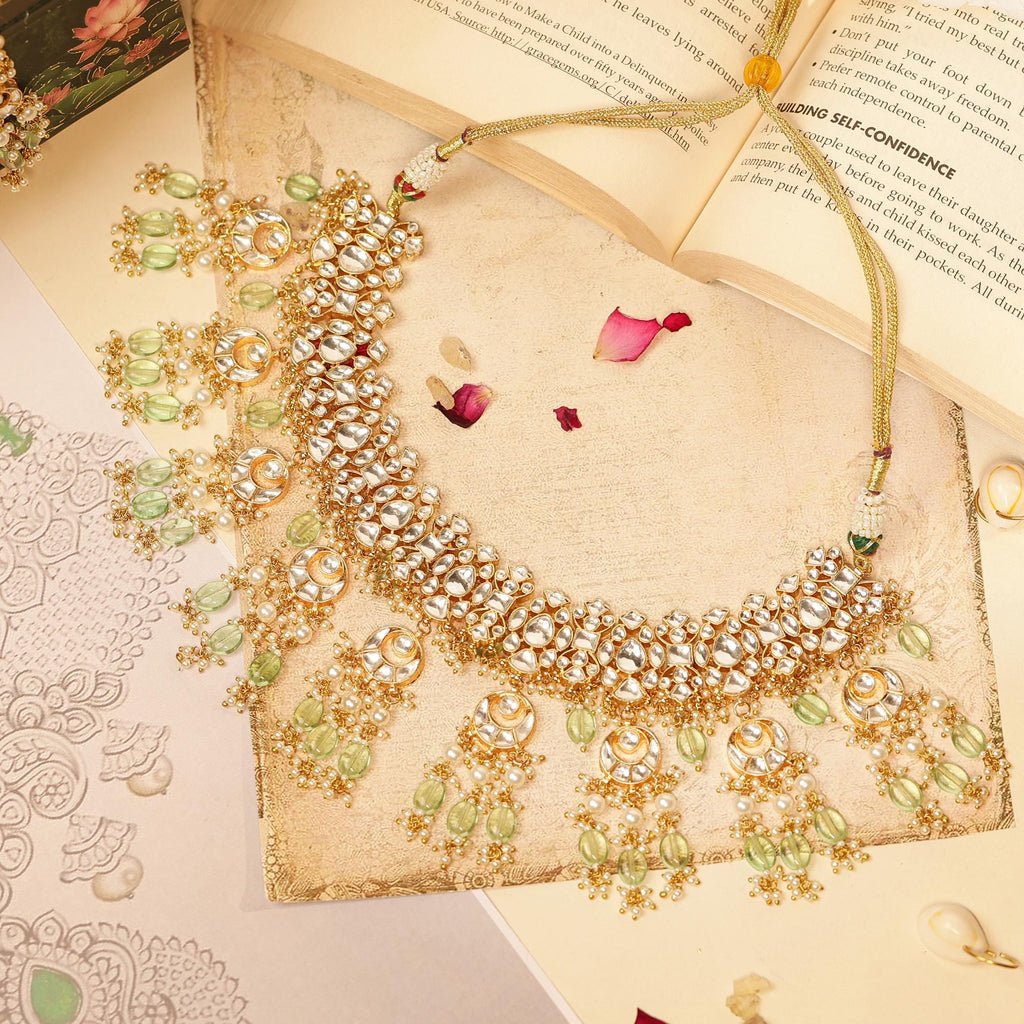 Pastel Mint Green Kundan Bridal Choker Set | Pearls, Chaand Motif Wedding Necklace Earrings