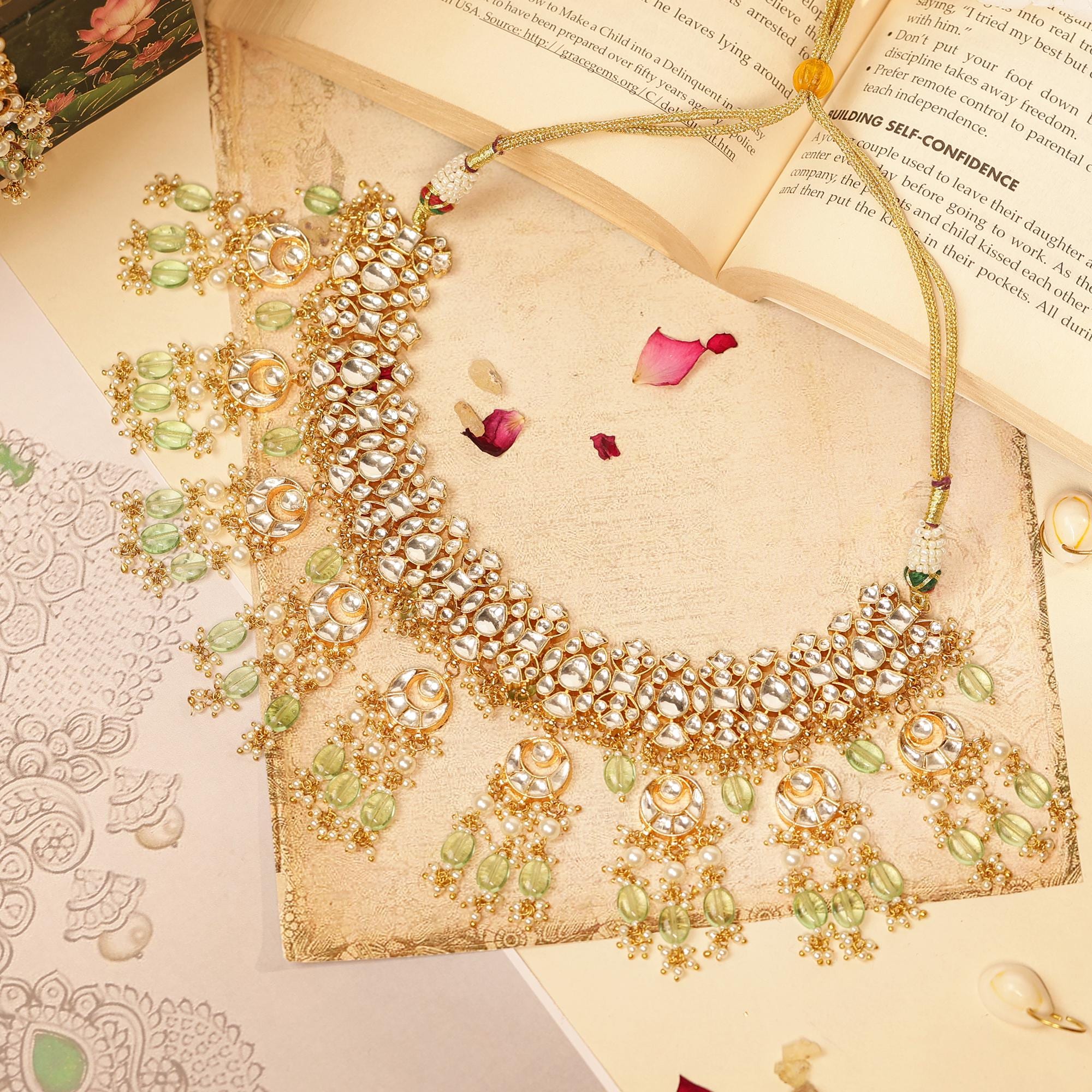 Pastel Mint Green Kundan Bridal Choker Set | Pearls, Chaand Motif Wedding Necklace Earrings