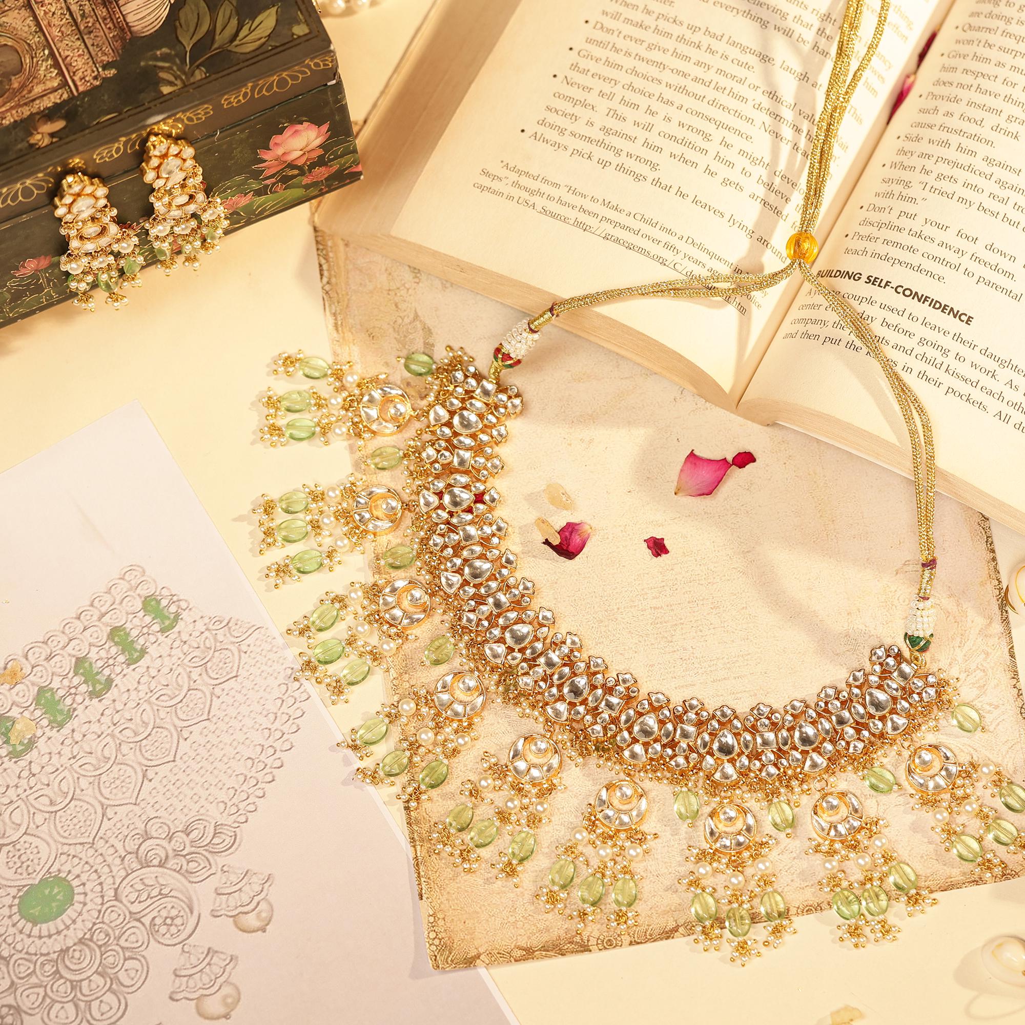 Pastel Mint Green Kundan Bridal Choker Set | Pearls, Chaand Motif Wedding Necklace Earrings