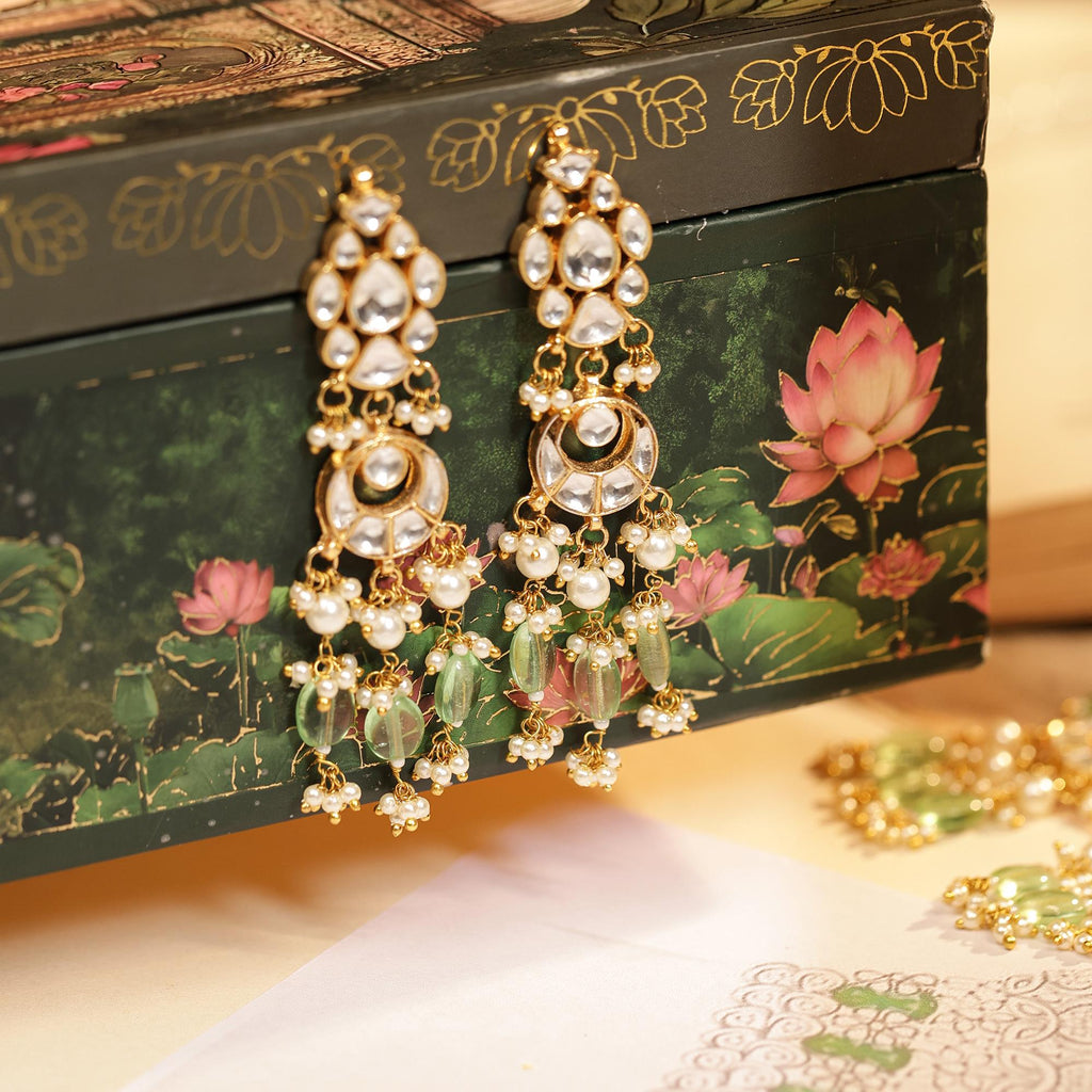 Pastel Mint Green Kundan Bridal Choker Set | Pearls, Chaand Motif Wedding Necklace Earrings